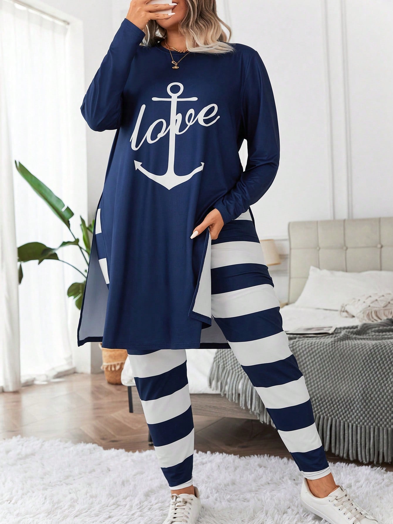 Essnce Plus Anchor & Letter Graphic Split Hem Tee & Striped Leggings