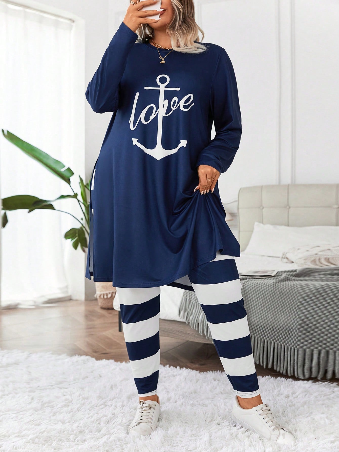 Essnce Plus Anchor & Letter Graphic Split Hem Tee & Striped Leggings