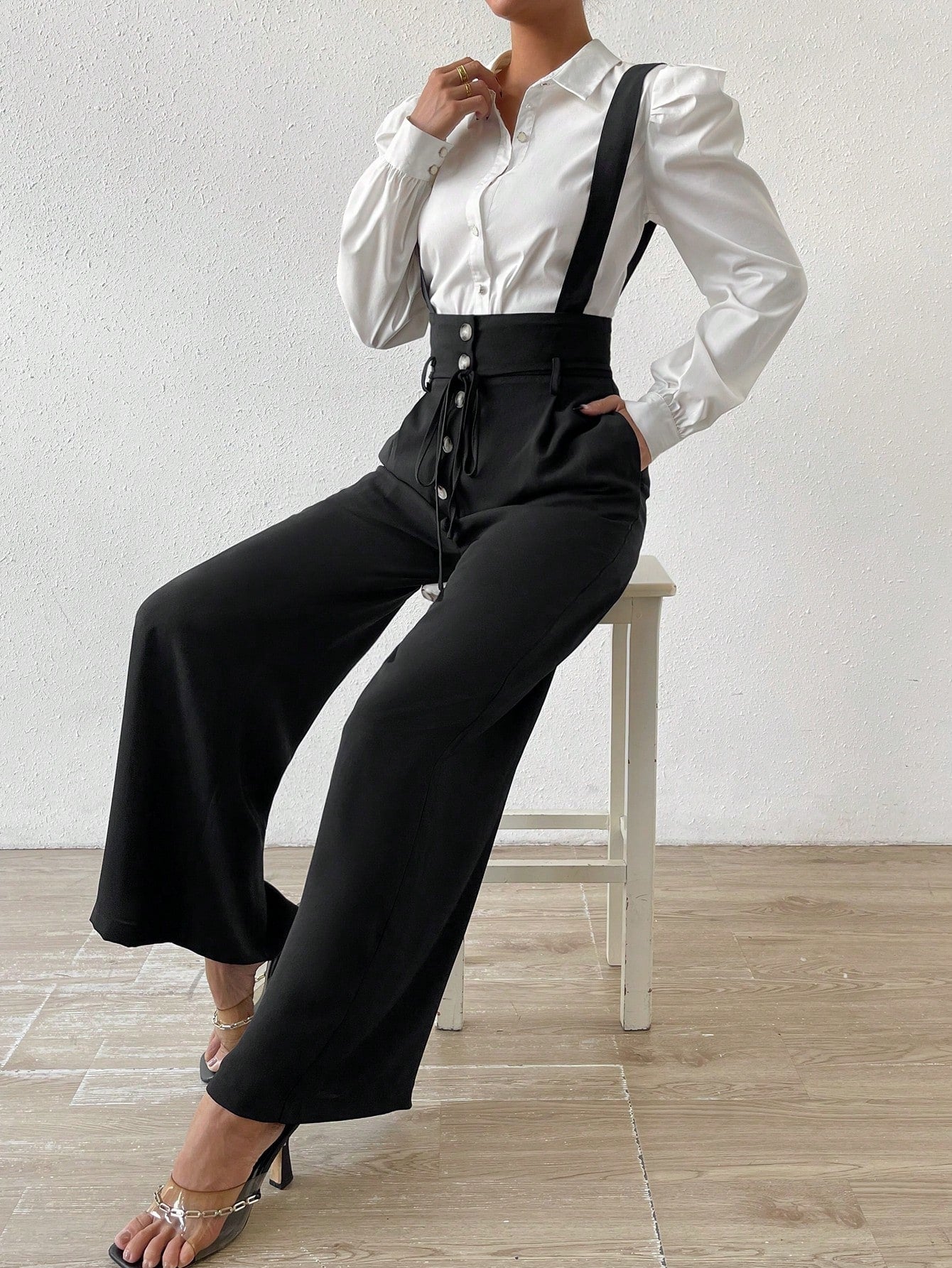 Frenchy Lace Up Front Wide Leg Overall Jumpsuit Without Blouse