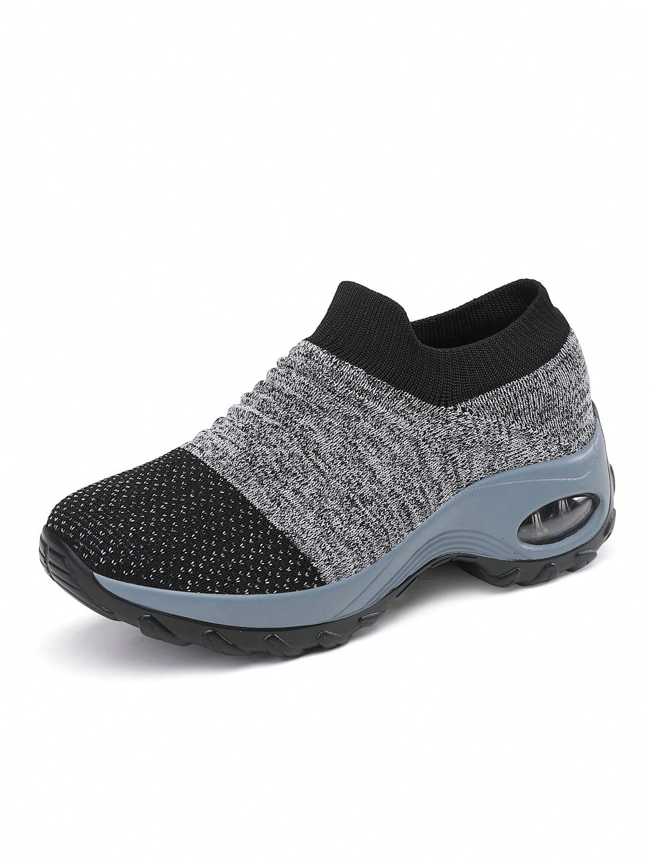 Sporty Black Solid Dance Shoes For Women, Knit Detail Slip-on Sneakers