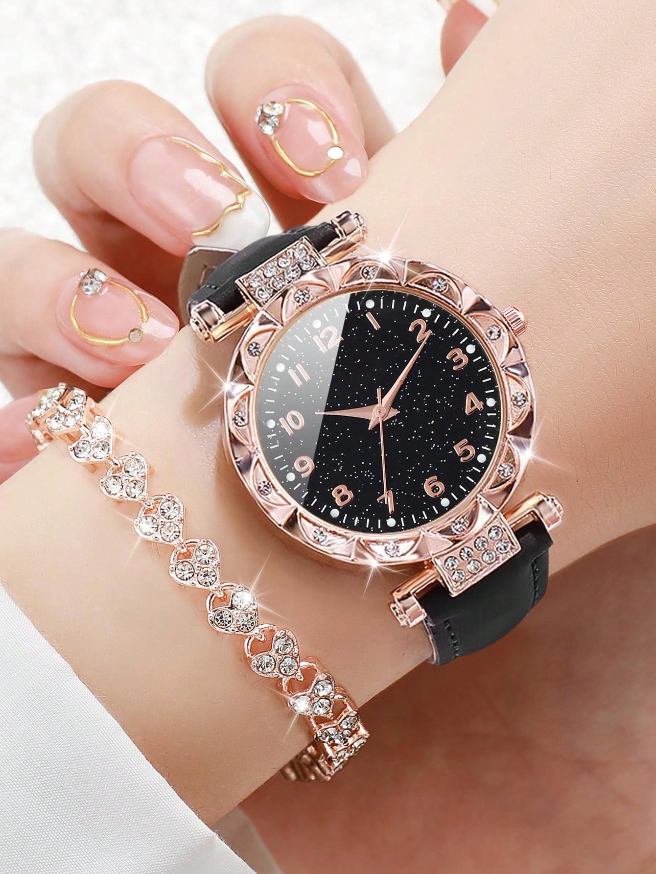 Women's Fashion Quartz Wristwatch With Diamond Inlay & Minimalist Dial, Together With Full Diamond Heart Shaped Bracelet Set (2pcs/set)