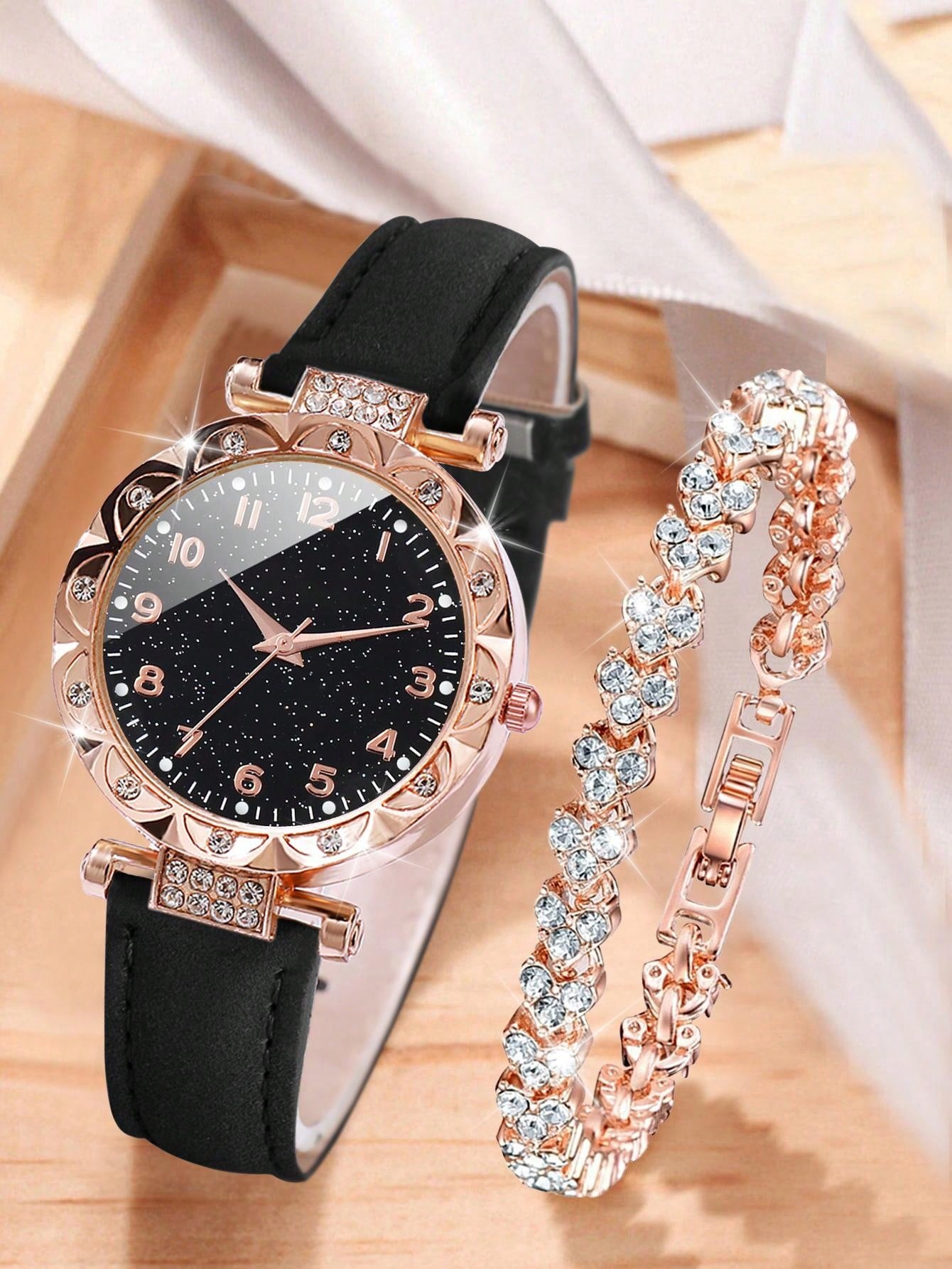 Women's Fashion Quartz Wristwatch With Diamond Inlay & Minimalist Dial, Together With Full Diamond Heart Shaped Bracelet Set (2pcs/set)