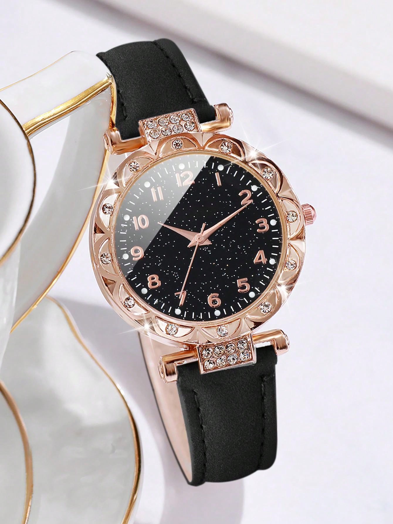 Women's Fashion Quartz Wristwatch With Diamond Inlay & Minimalist Dial, Together With Full Diamond Heart Shaped Bracelet Set (2pcs/set)