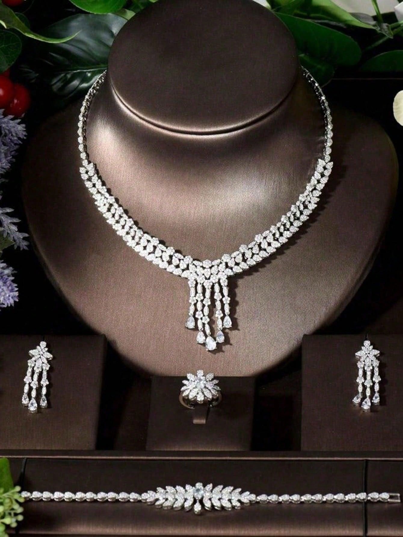 1 Set Long Tassel Water Drop Earring Necklace Set Cubic Zirconia Dubai Jewelry for Women Bridal Wedding Sets