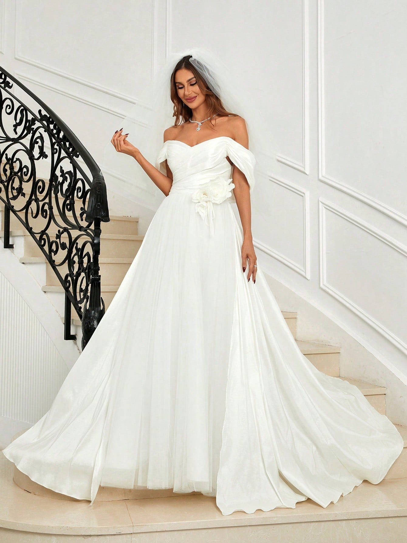 Belle Off Shoulder Appliques Mesh Overlay Wedding Dress Without Veil