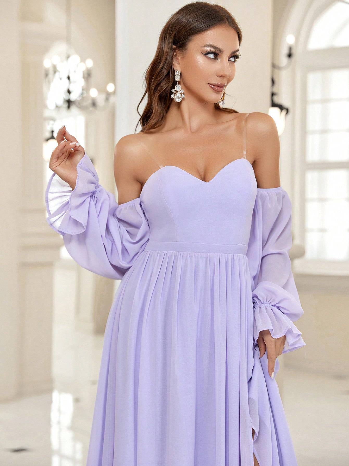 Belle Transparent Shoulder Strap Flounce Sleeve Split Thigh Prom Bridesmaid Dress