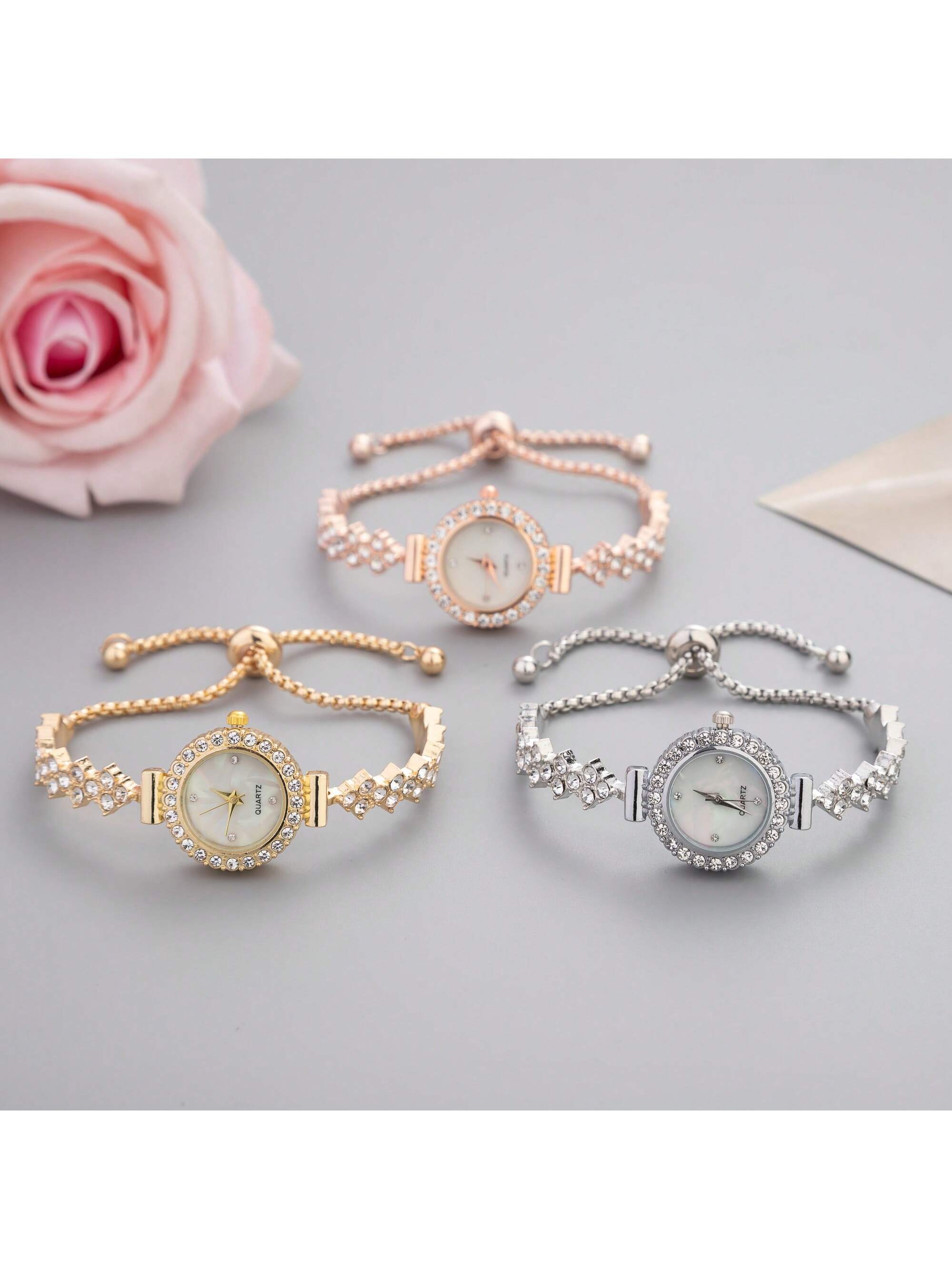 New Casual Fashion Ladies' Bracelet Watch, Cute Round Dial Decorated With Crystals, Rhinestone Embellished Watchband, Alloy Quartz Watch, Gift