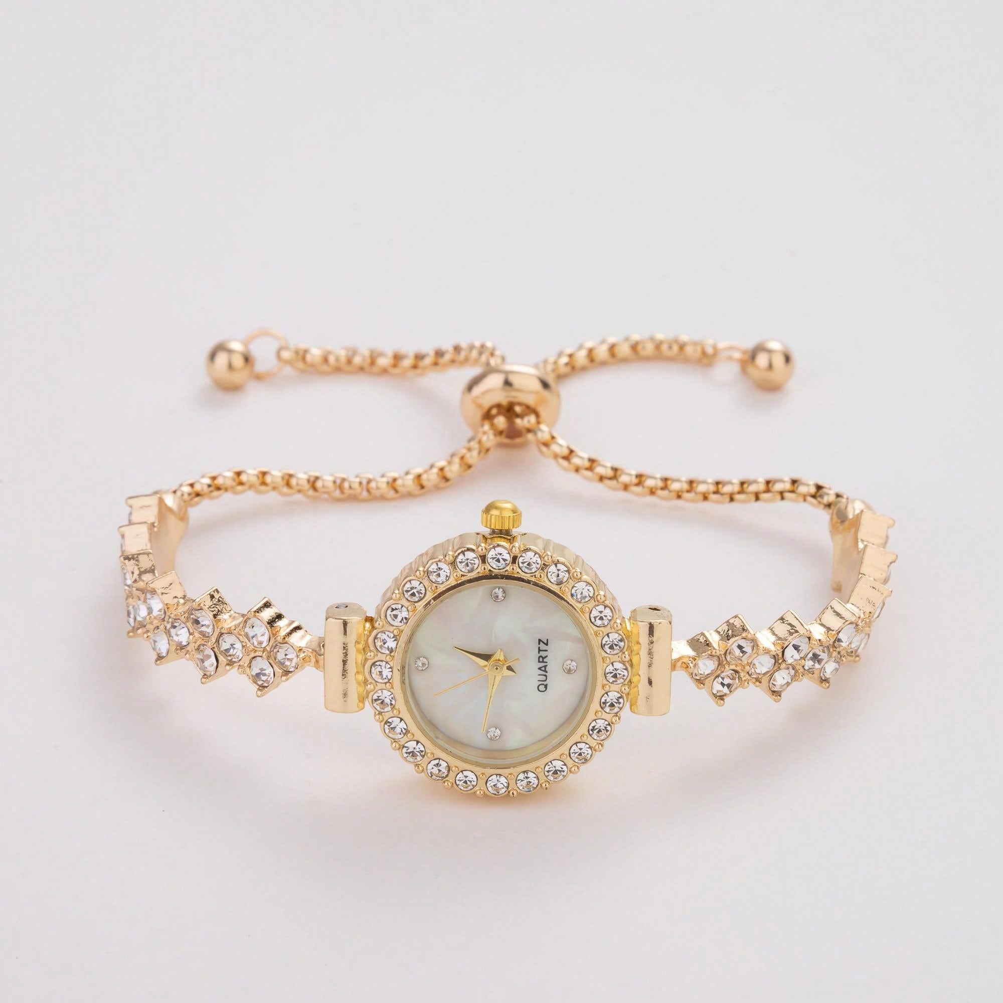 New Casual Fashion Ladies' Bracelet Watch, Cute Round Dial Decorated With Crystals, Rhinestone Embellished Watchband, Alloy Quartz Watch, Gift