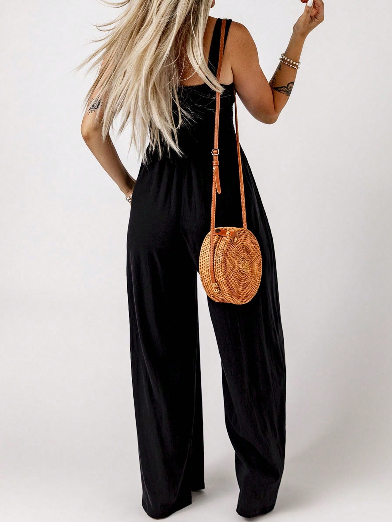 Acelitt Solid Slant Pocket Wide Leg Cami Jumpsuit