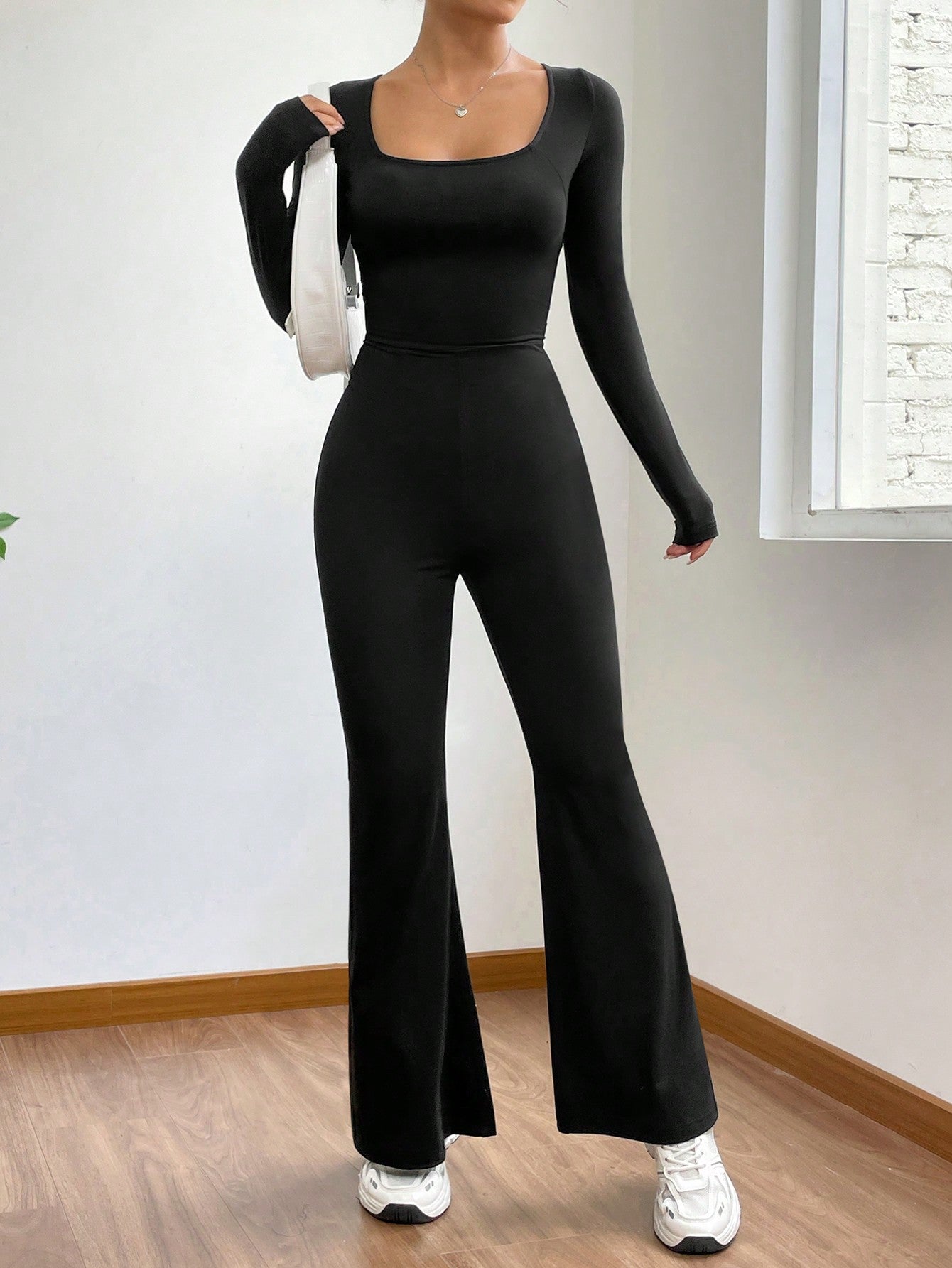 EZwear Square Neck Flare Leg Jumpsuit