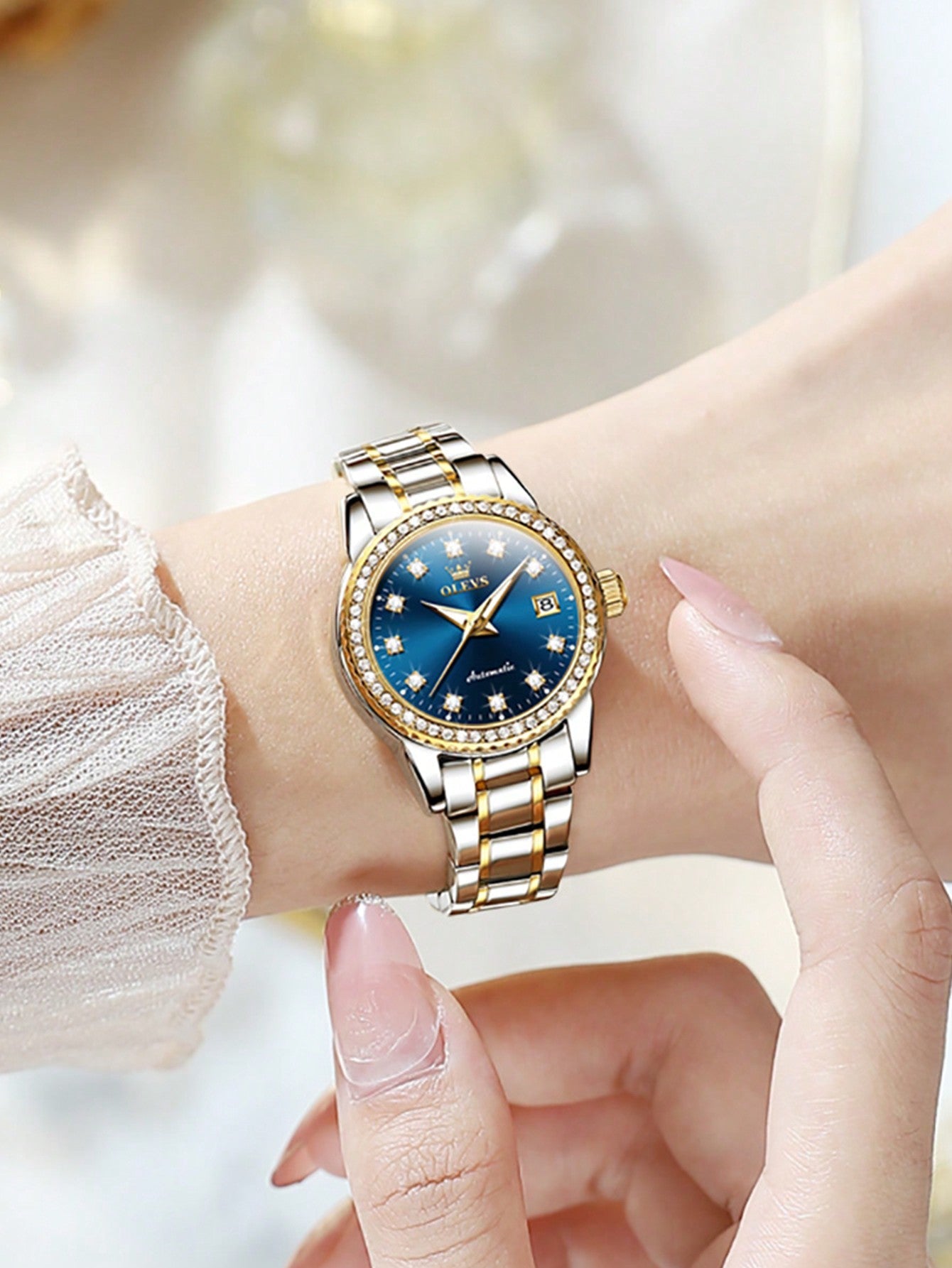 Olevs Fashionable Women's Original Automatic Mechanical Watch With Shiny Diamond Dial And Waterproof Feature