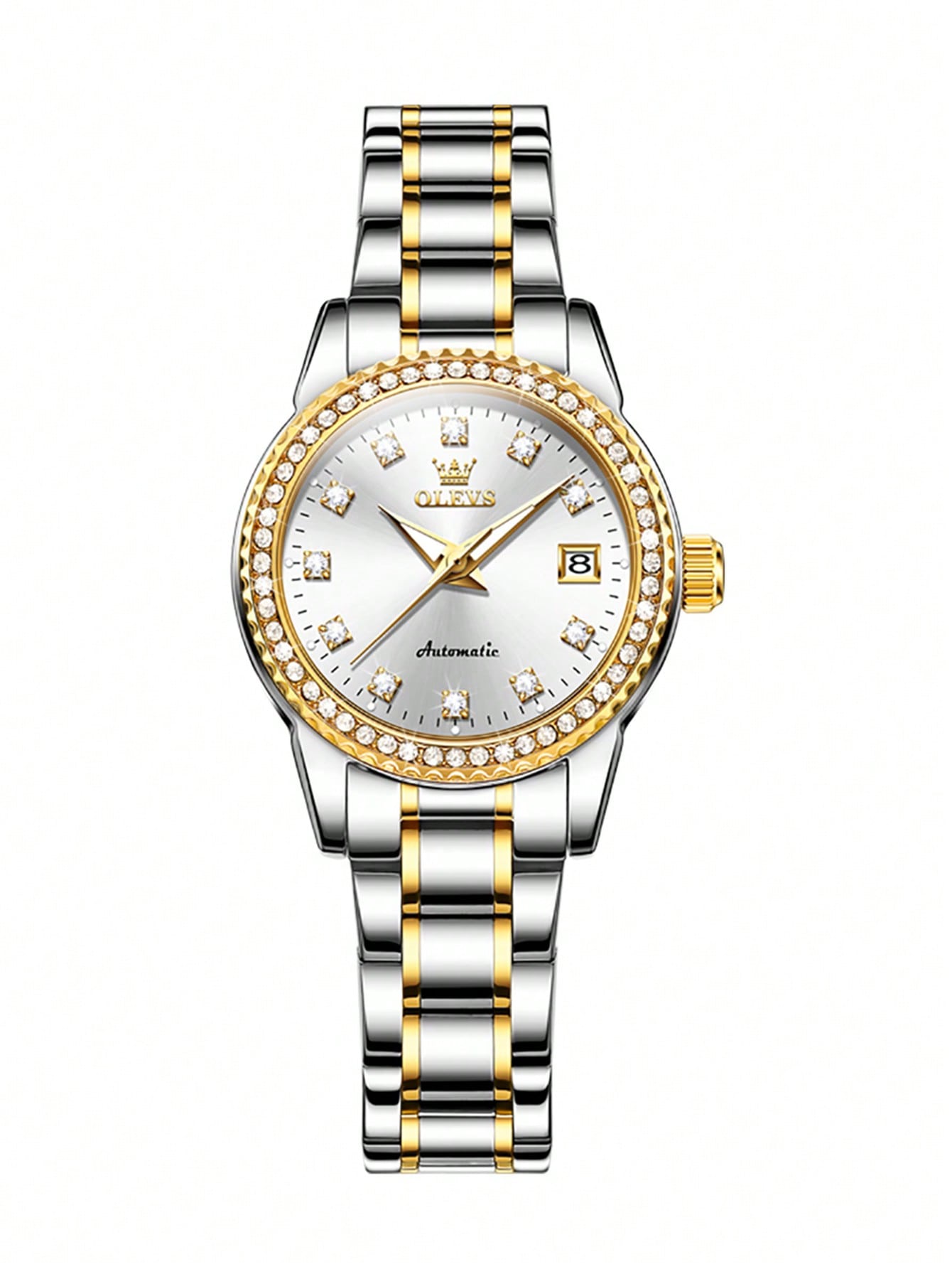 Olevs Fashionable Women's Original Automatic Mechanical Watch With Shiny Diamond Dial And Waterproof Feature