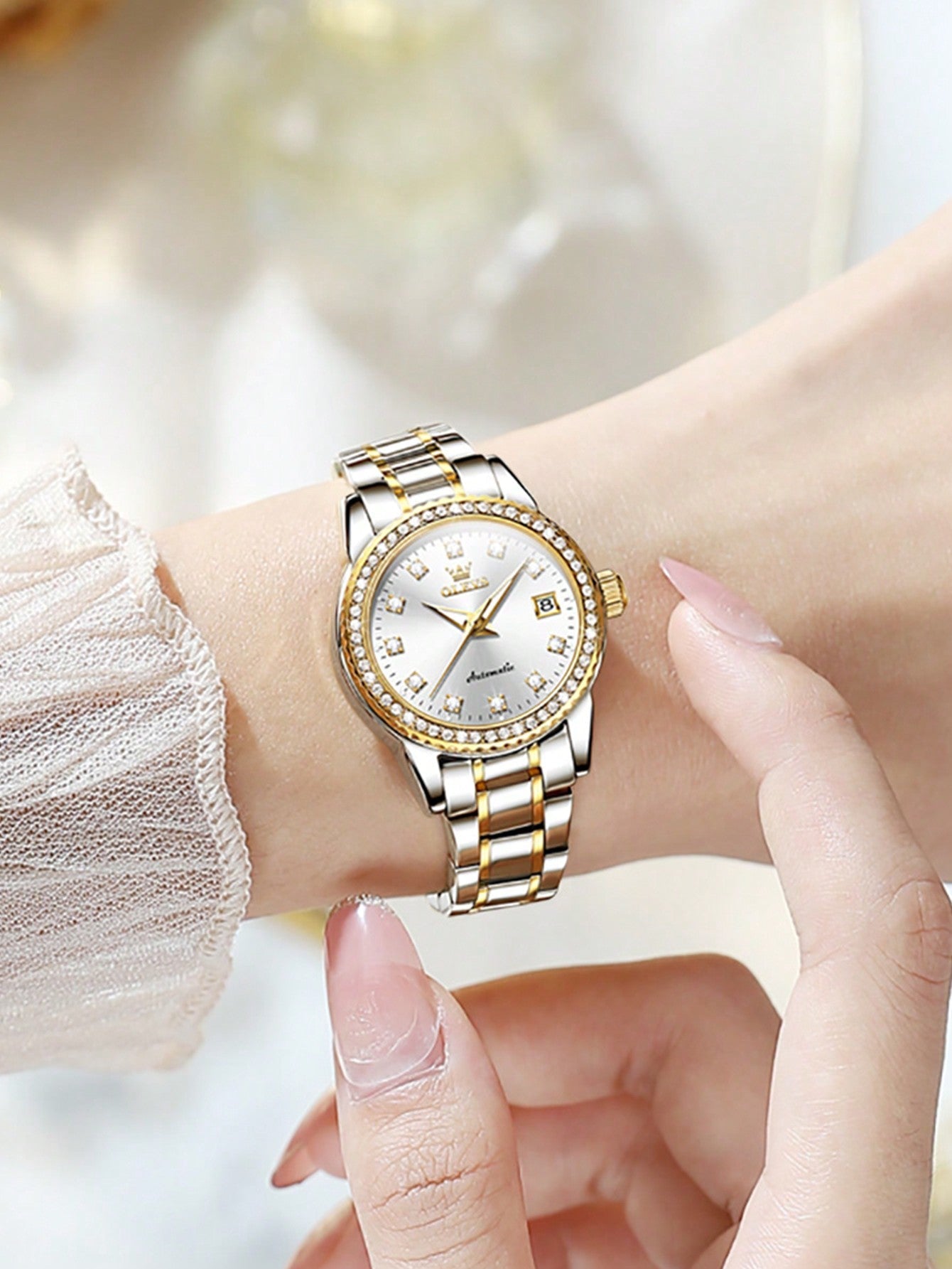 Olevs Fashionable Women's Original Automatic Mechanical Watch With Shiny Diamond Dial And Waterproof Feature