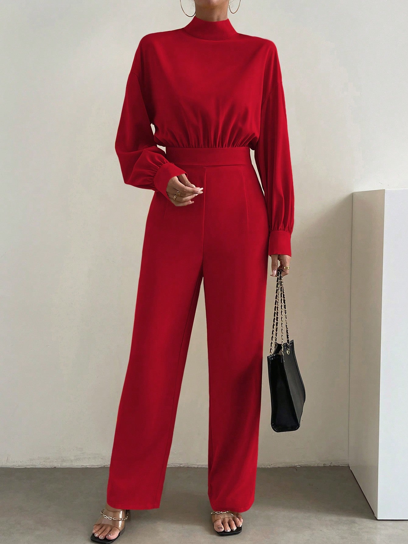 Essnce Mock Neck Lantern Sleeve Wide Leg Jumpsuit