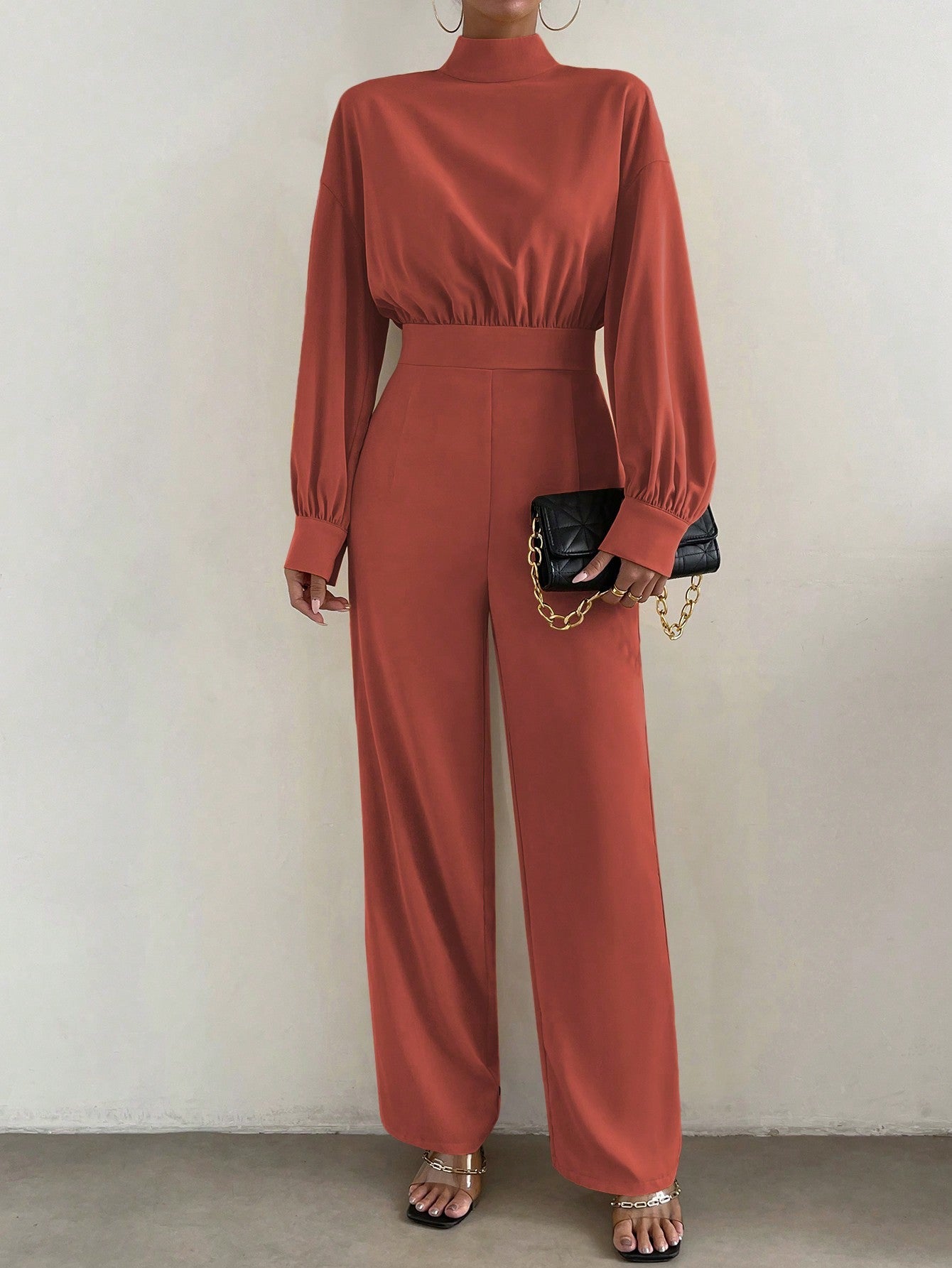 Essnce Mock Neck Lantern Sleeve Wide Leg Jumpsuit