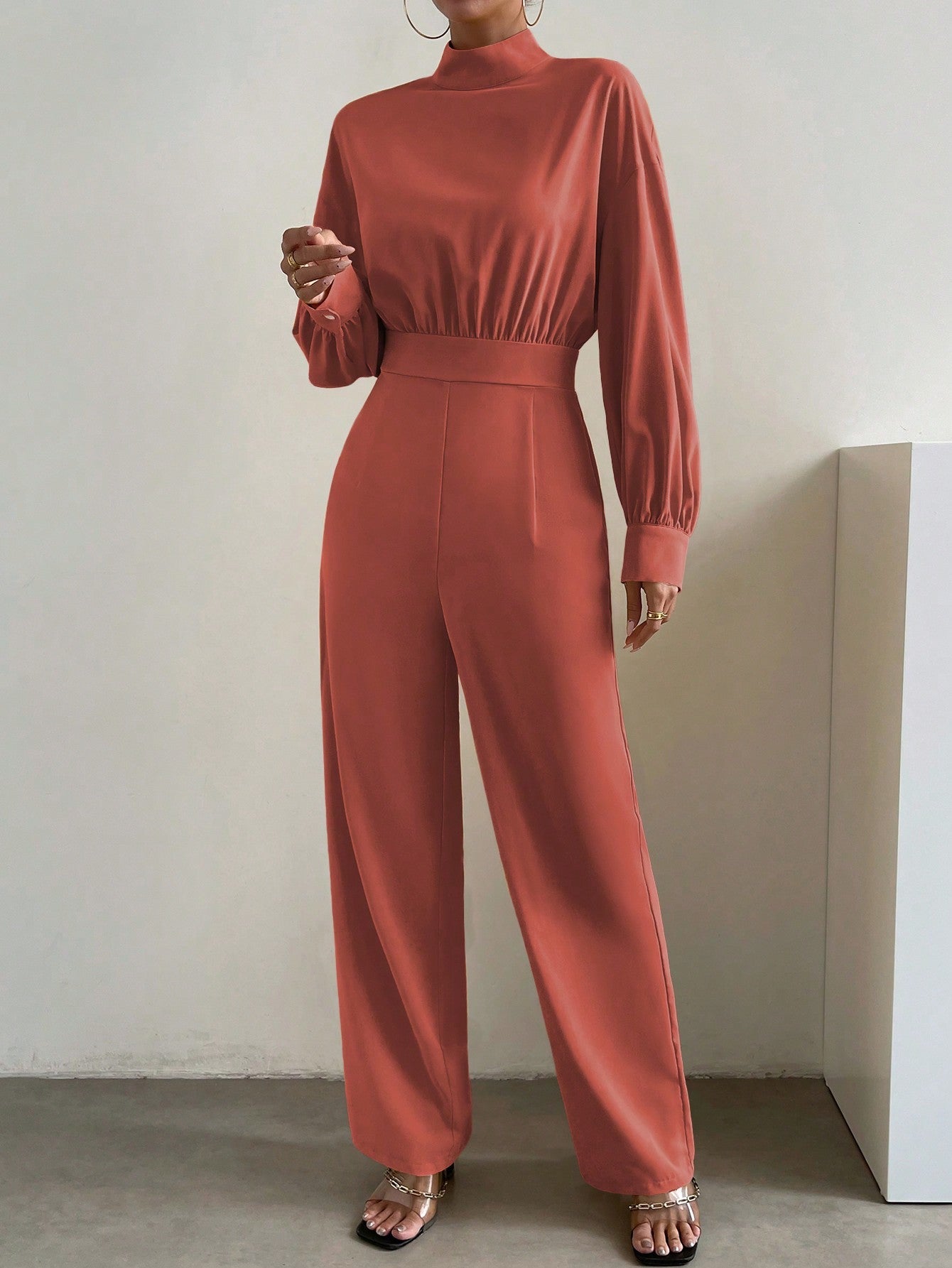 Essnce Mock Neck Lantern Sleeve Wide Leg Jumpsuit