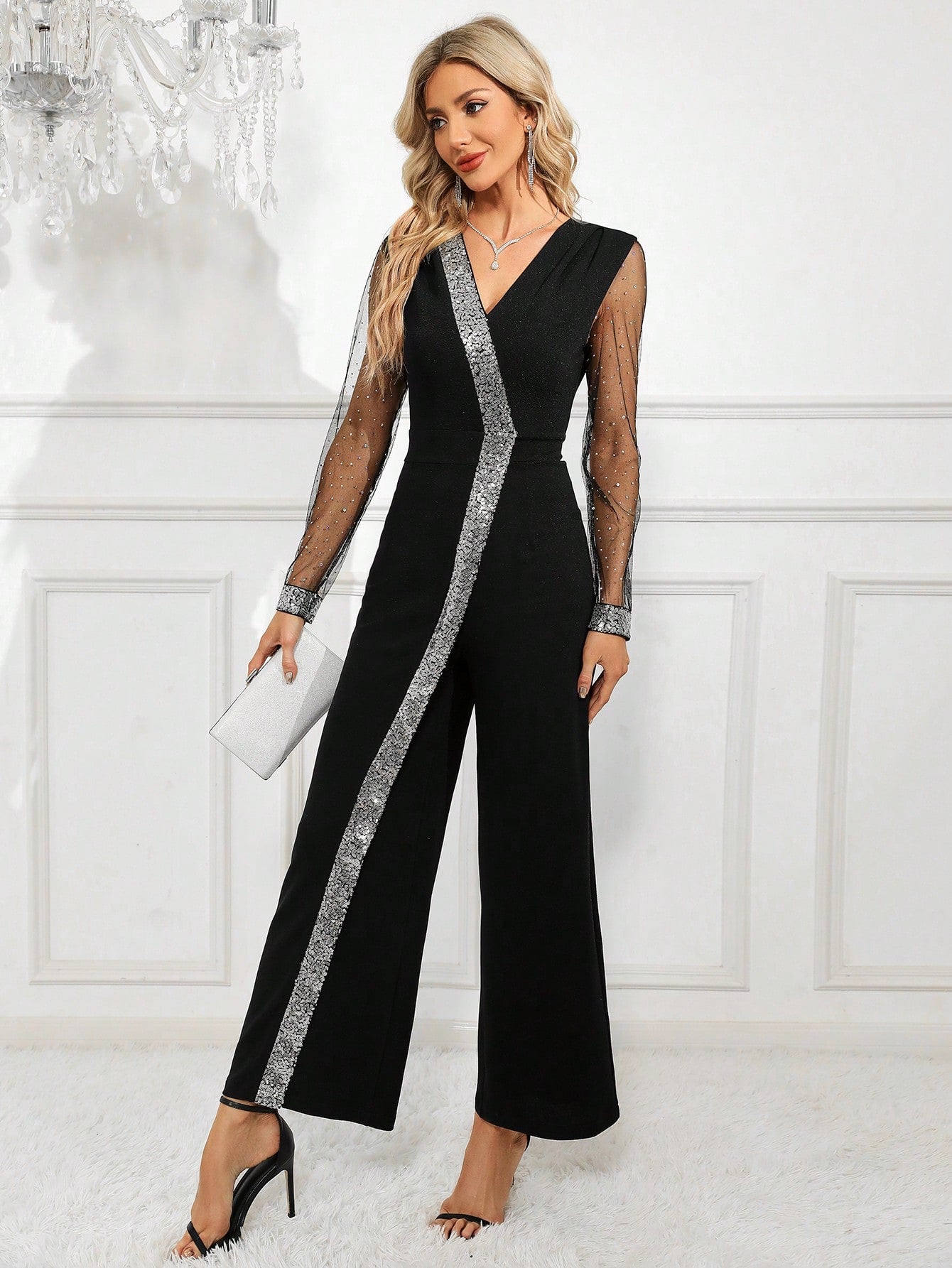 Clasi Mesh Inset Contrast Sequin Wide Leg Jumpsuit