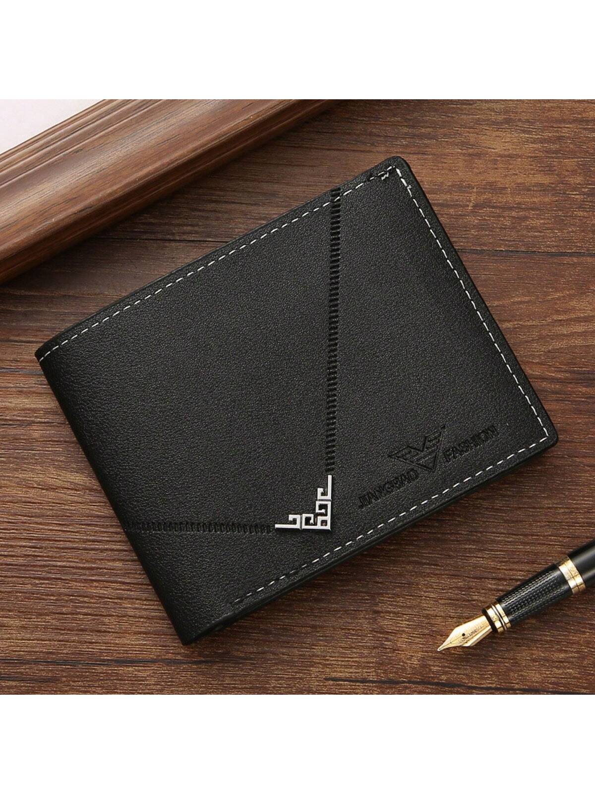 1pc Short Men Wallet With Litchi Pattern & Simple Fashion Horizontal Spliced Leather Clip