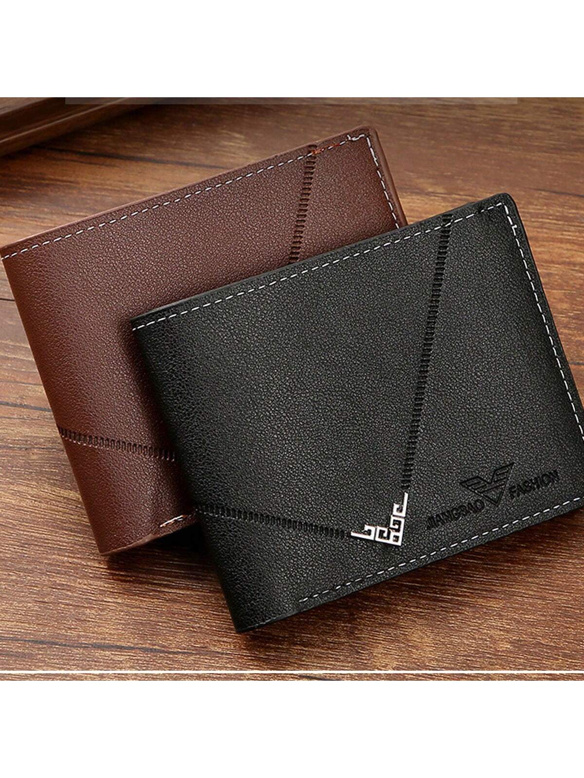 1pc Short Men Wallet With Litchi Pattern & Simple Fashion Horizontal Spliced Leather Clip