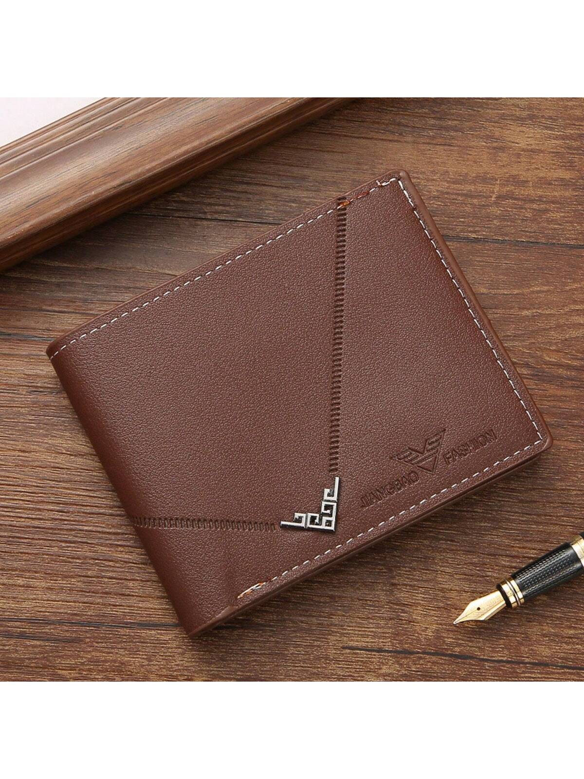 1pc Short Men Wallet With Litchi Pattern & Simple Fashion Horizontal Spliced Leather Clip