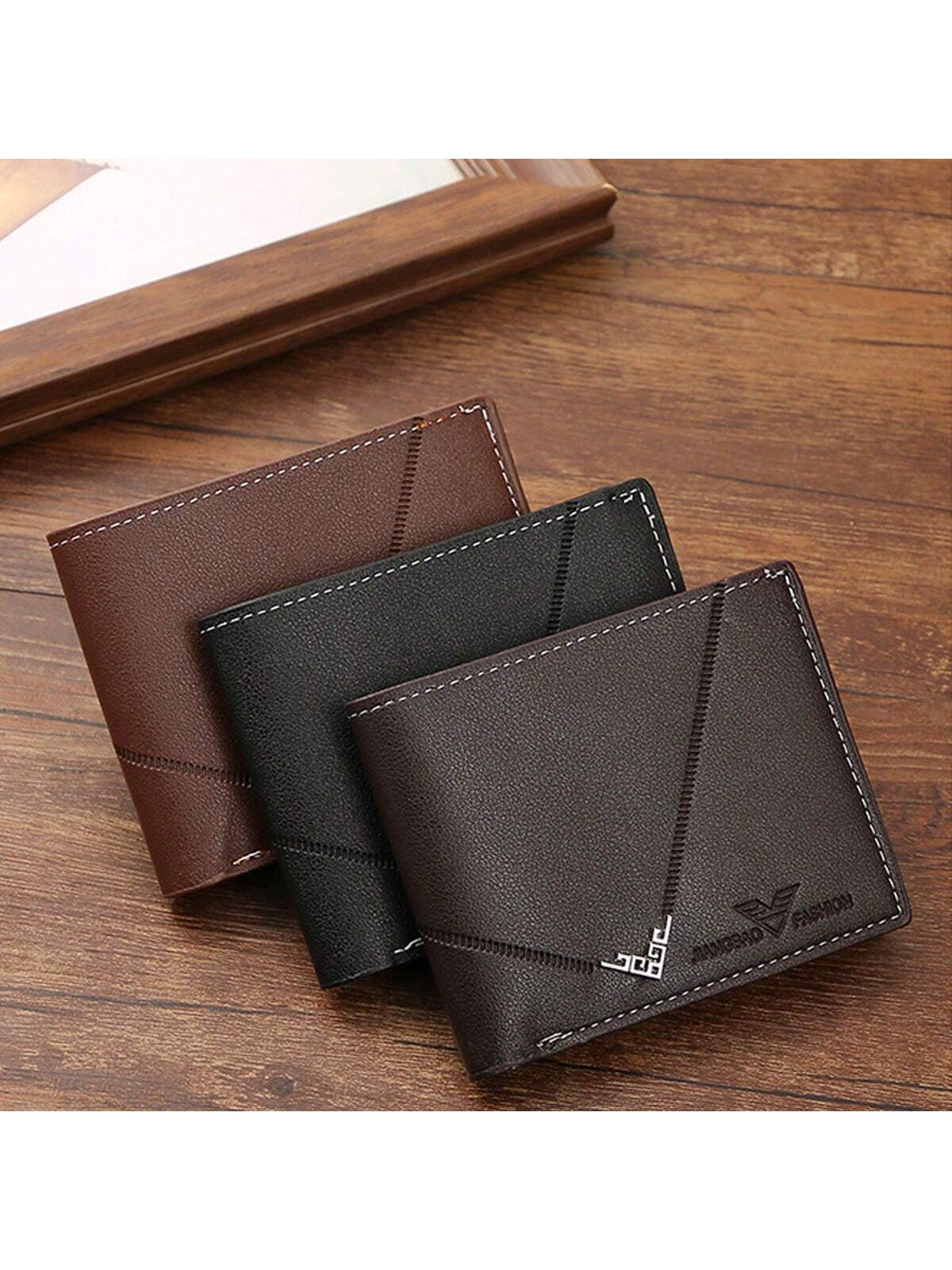 1pc Short Men Wallet With Litchi Pattern & Simple Fashion Horizontal Spliced Leather Clip