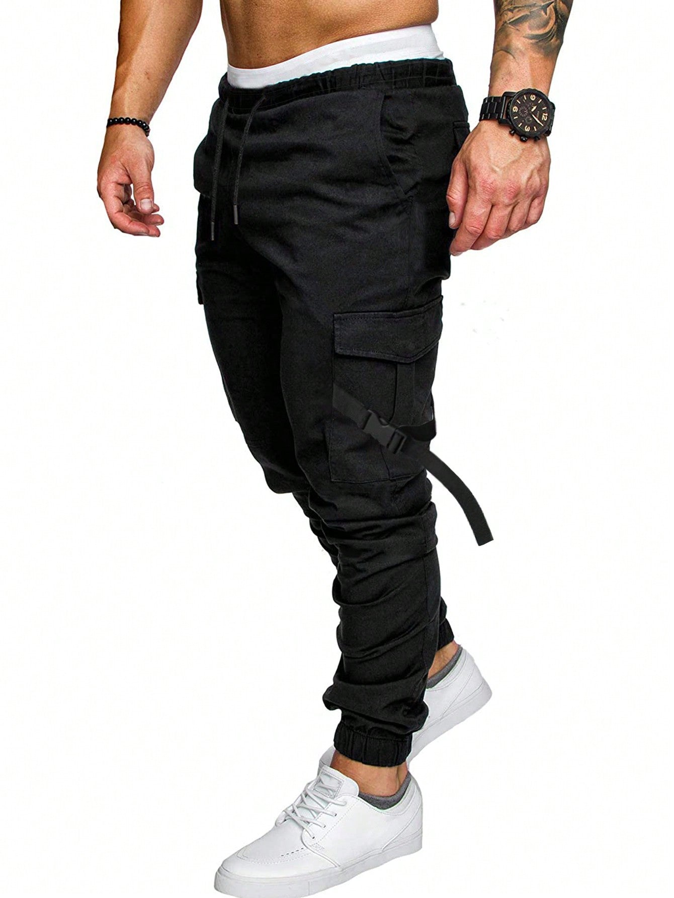 Manfinity Homme Men Flap Pocket Buckle Detail Drawstring Waist Cargo Pants