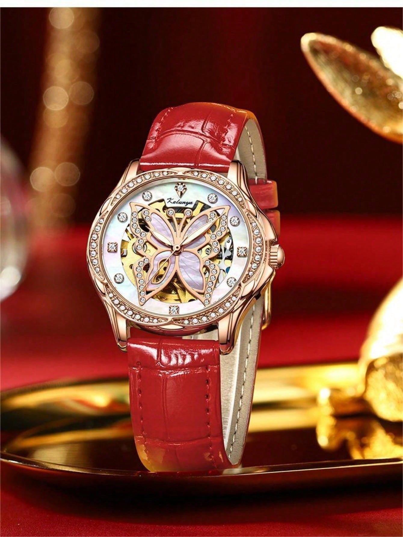 Kalunya Butterfly Dance Series Rose Gold Case White Dial Ladies' Automatic Mechanical Watch With Rose Gold Hands And Red Strap