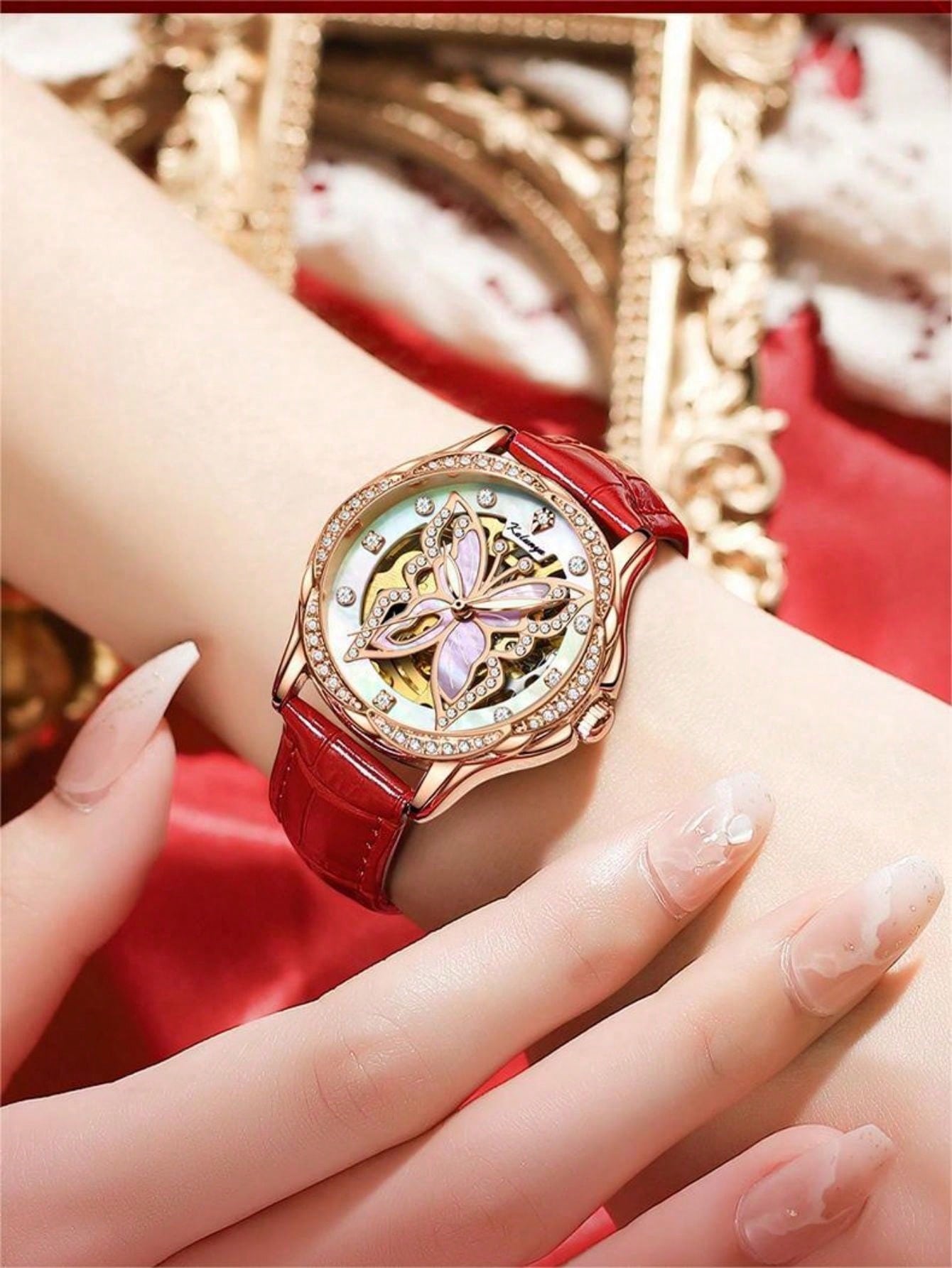 Kalunya Butterfly Dance Series Rose Gold Case White Dial Ladies' Automatic Mechanical Watch With Rose Gold Hands And Red Strap