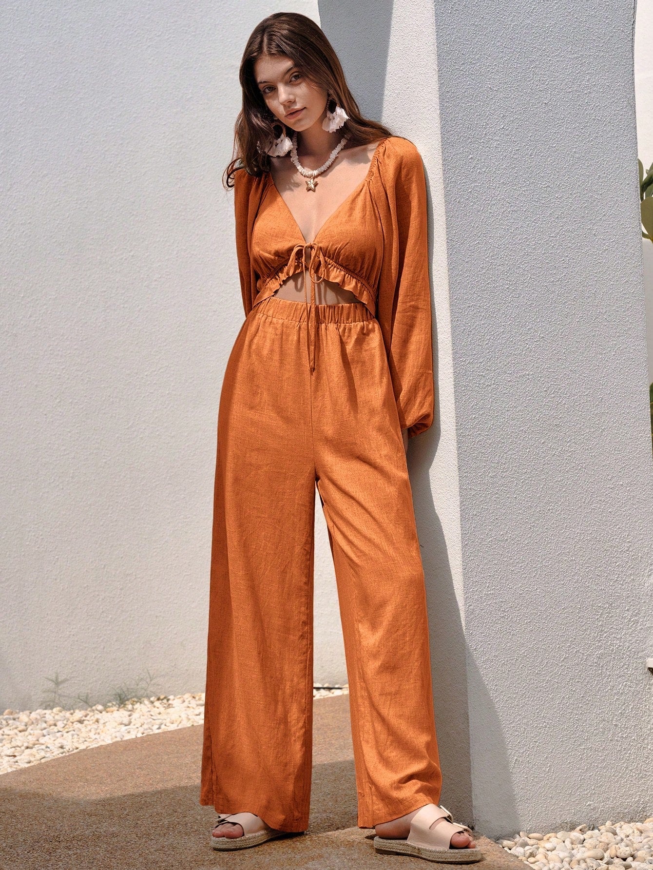 BohoFeels Tie Front Lantern Sleeve Jumpsuit