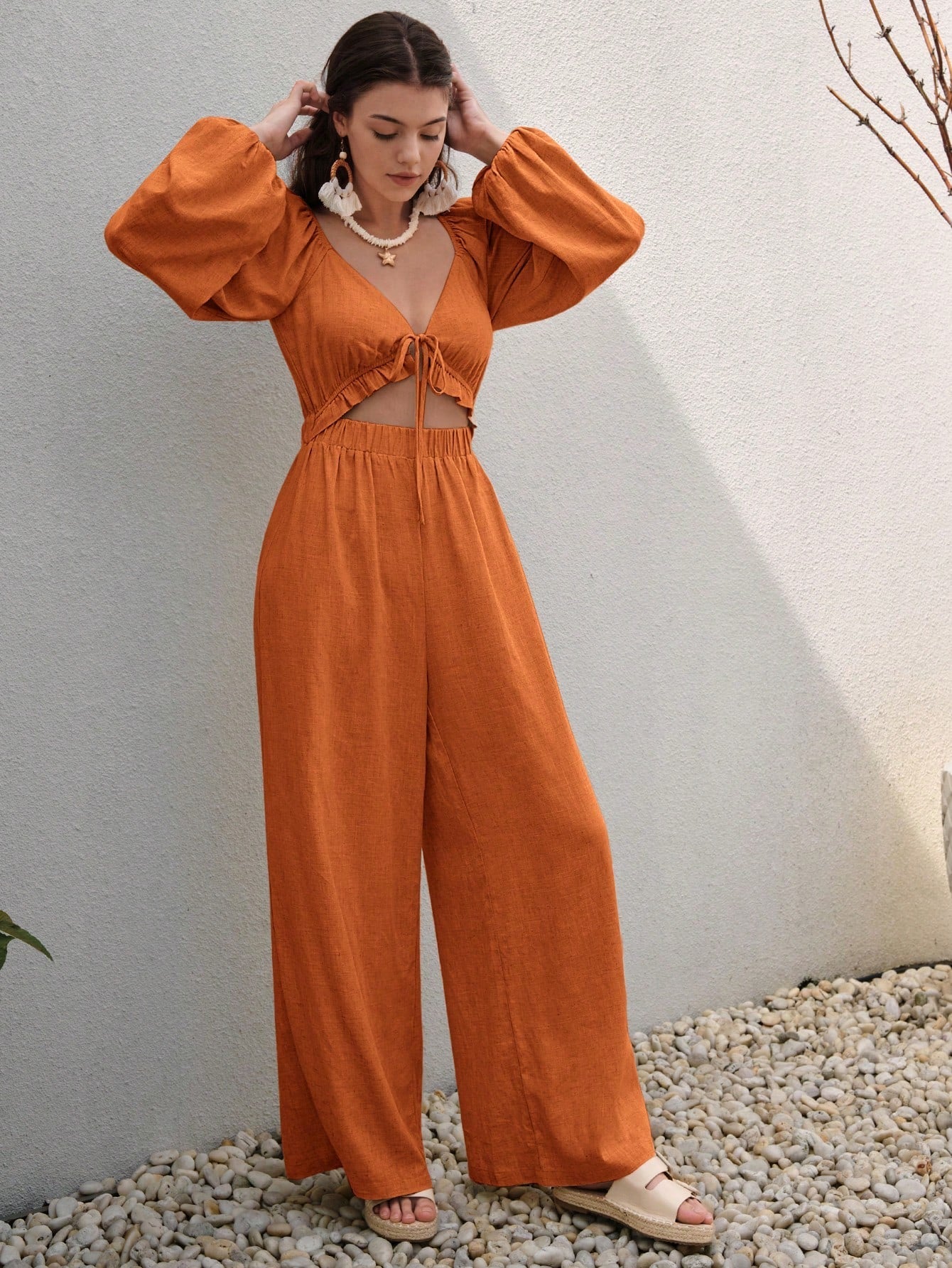 BohoFeels Tie Front Lantern Sleeve Jumpsuit