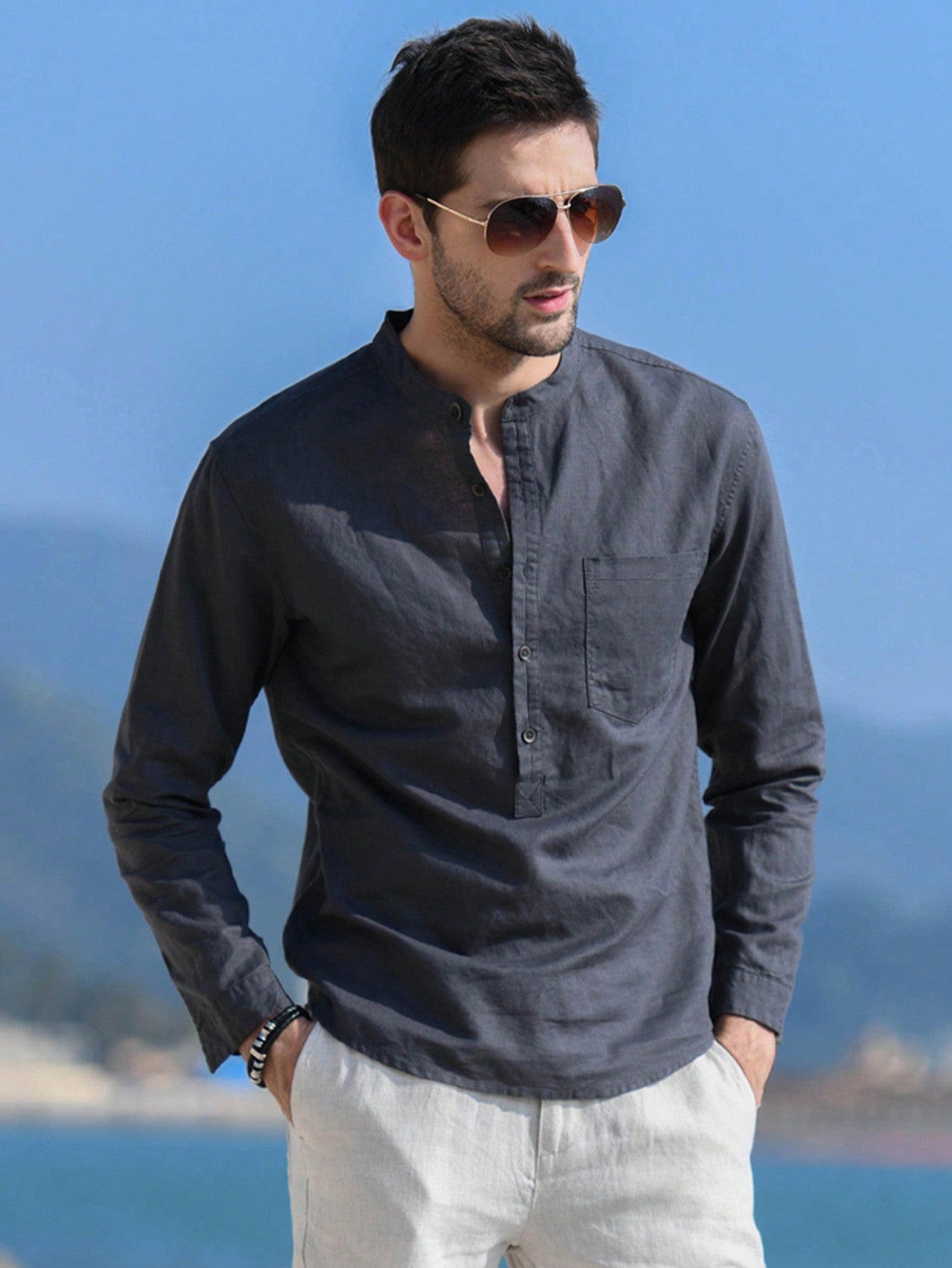 NITAGUT Men Half Button Pocket Patched Shirt