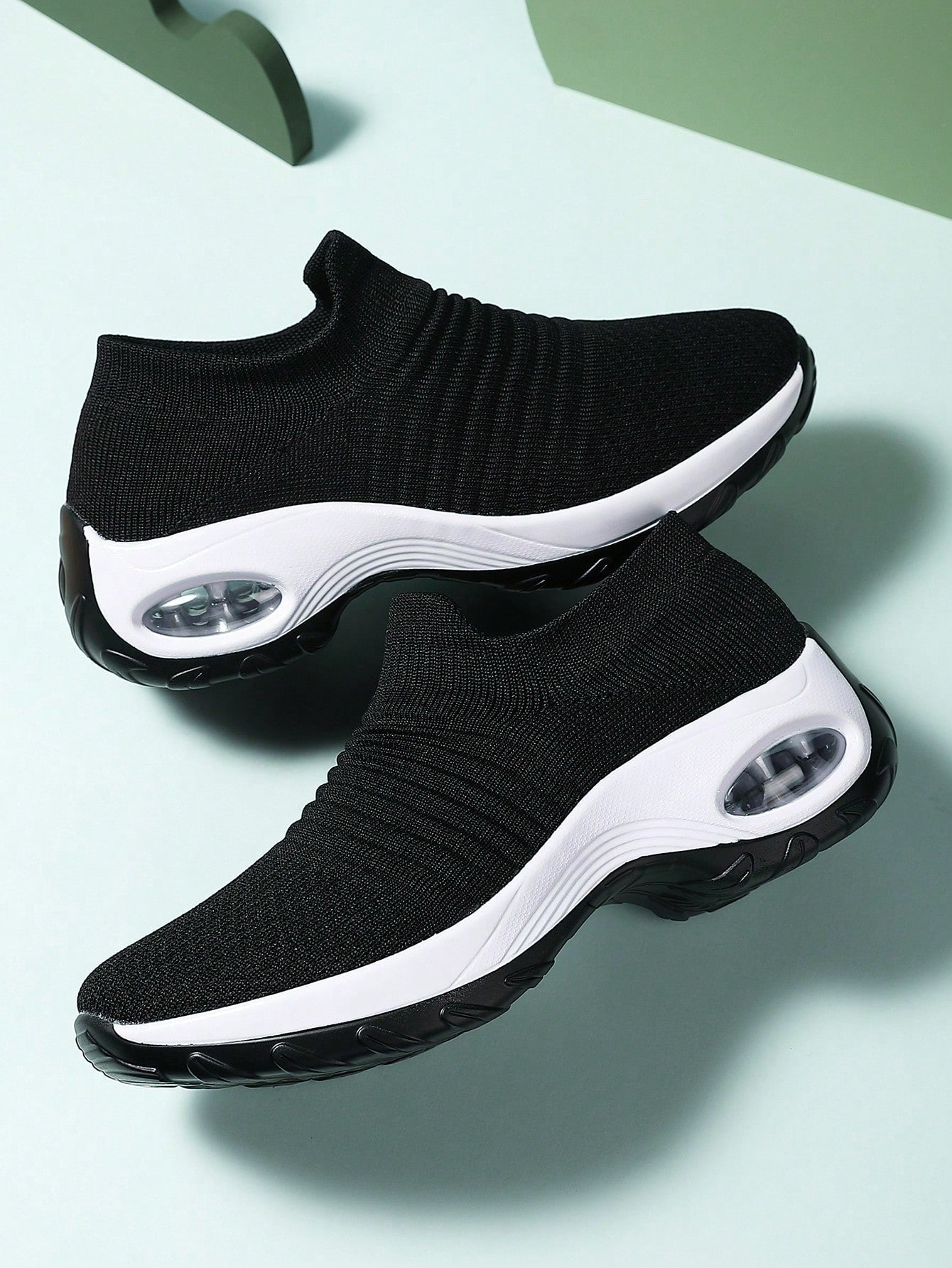 Sporty Black Solid Dance Shoes For Women, Knit Detail Slip-on Sneakers