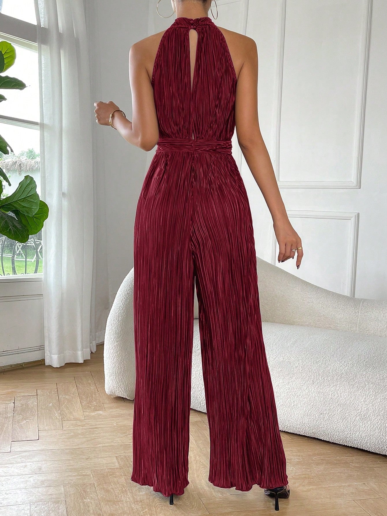 Essnce Solid Halter Neck Wide Leg Plisse Wide Leg Jumpsuit