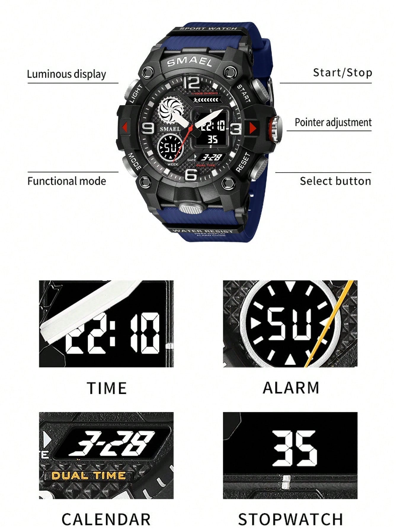 Smael Pointer Dual Display Electronic Sports Watch, Multifunctional Waterproof Watch For Men & Students, Suitable For Outdoor Activities