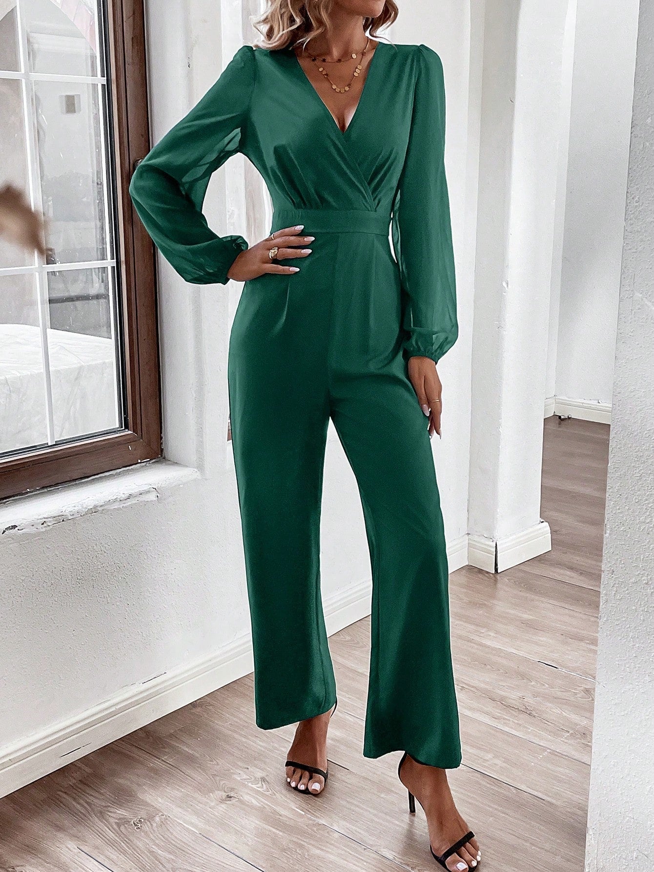 Frenchy Mesh Patchwork V-neck Lantern Sleeve Jumpsuit