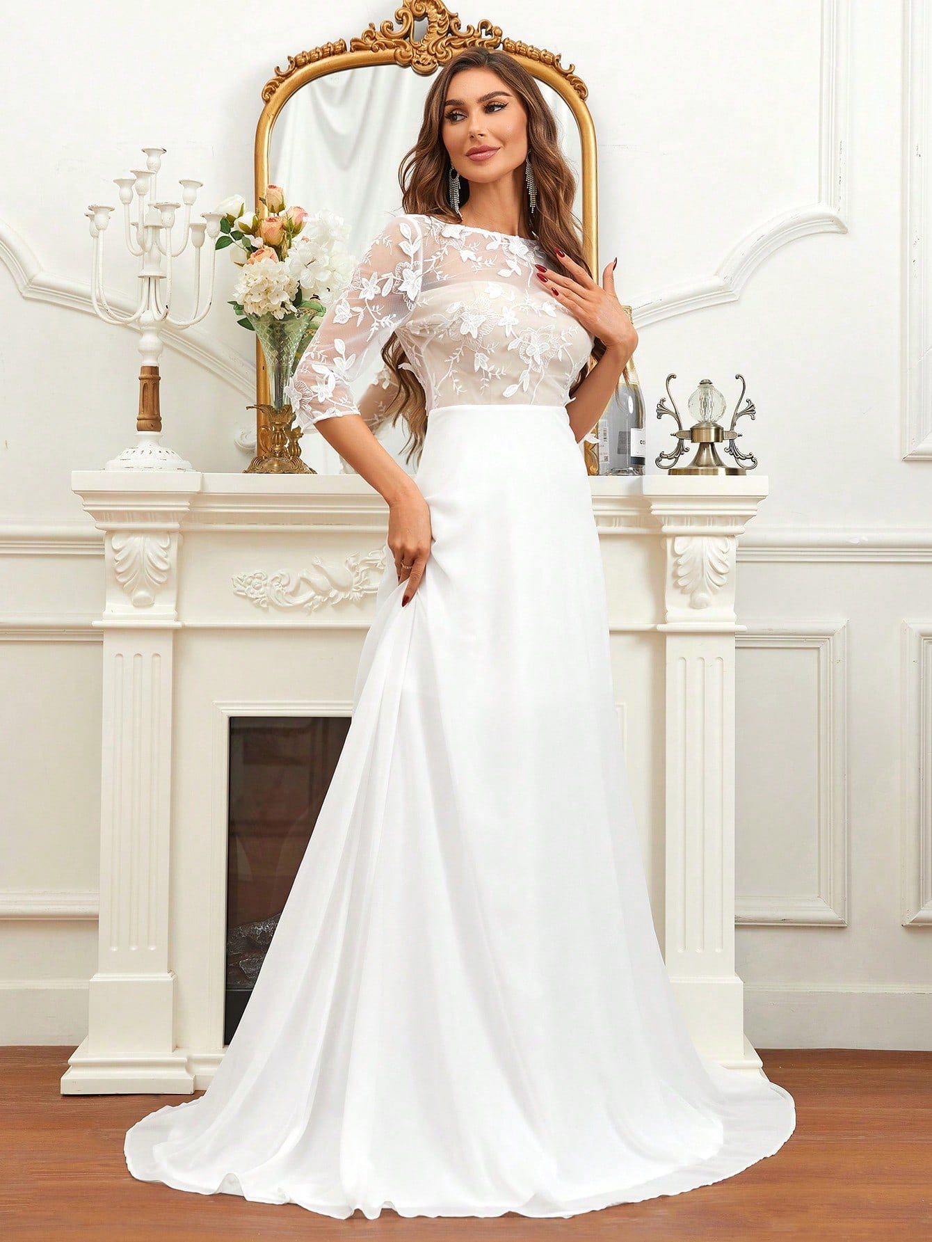 Belle Contrast Embroidery Mesh Floor Length Wedding Dress Without Veil