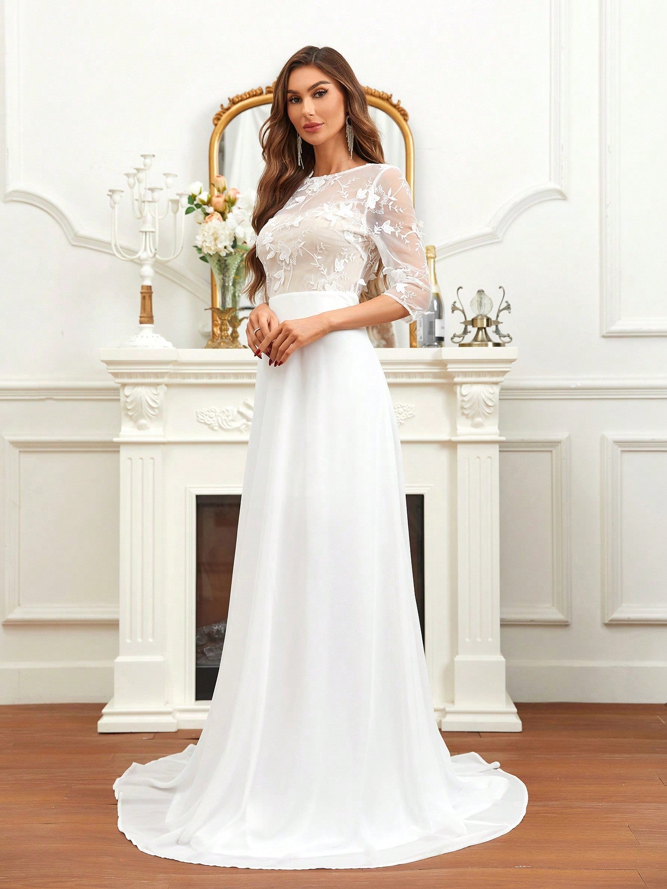 Belle Contrast Embroidery Mesh Floor Length Wedding Dress Without Veil