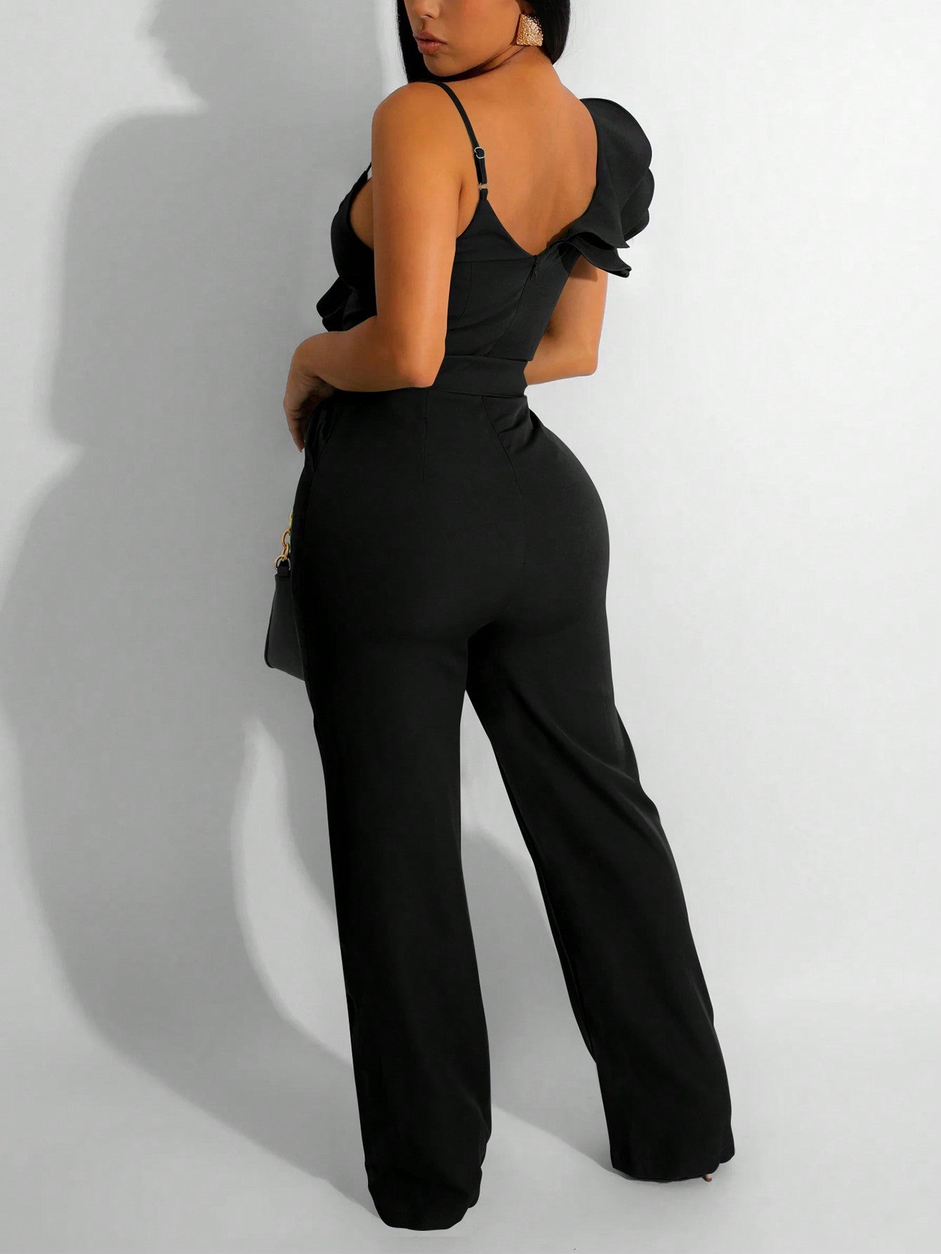 Asymmetrical Neck Ruffle Trim Belted Jumpsuit