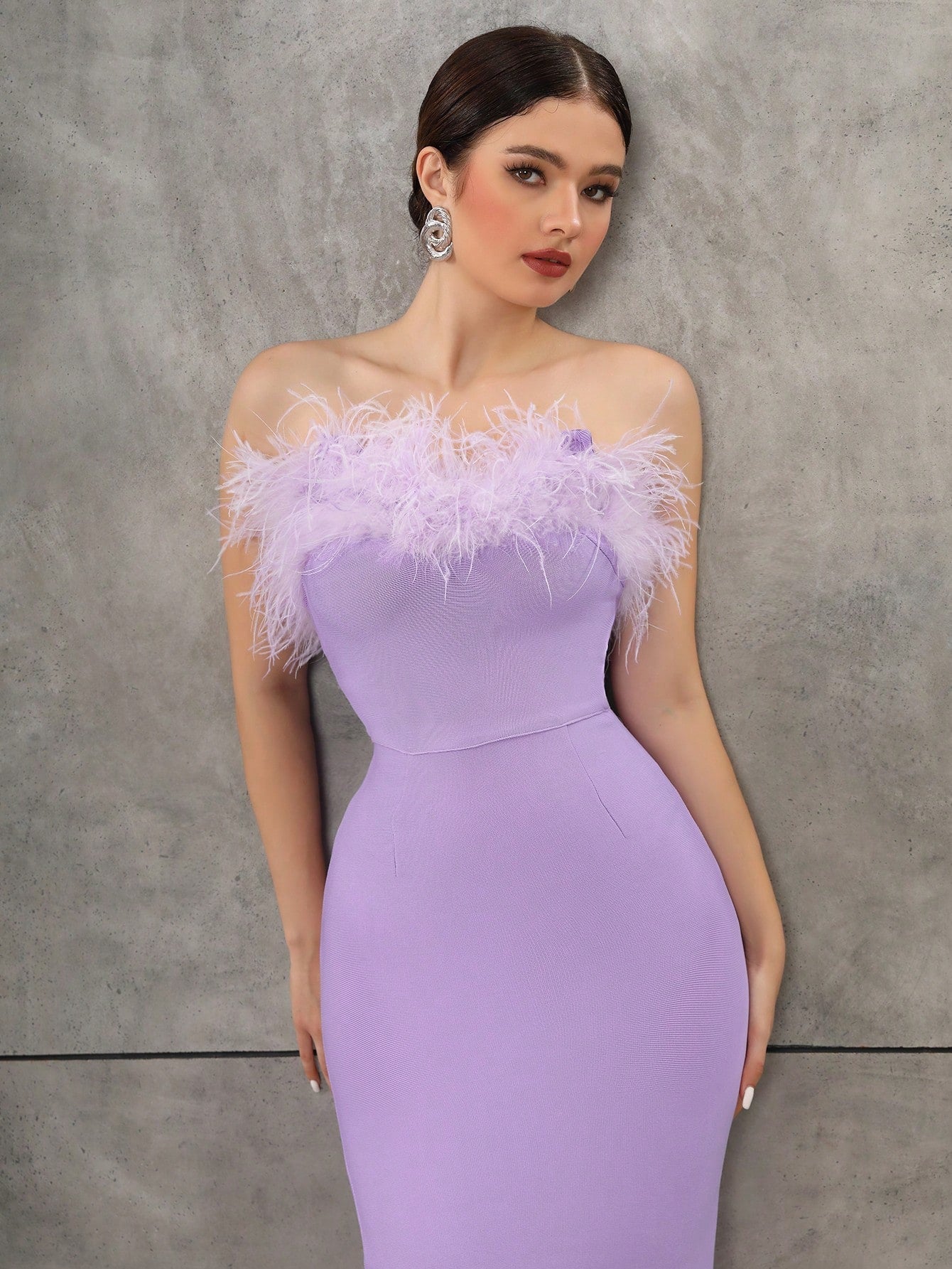 Modphy Women'S Faux Feather Strapless Backless Bodycon Bandage Floor Length Evening Party Dress