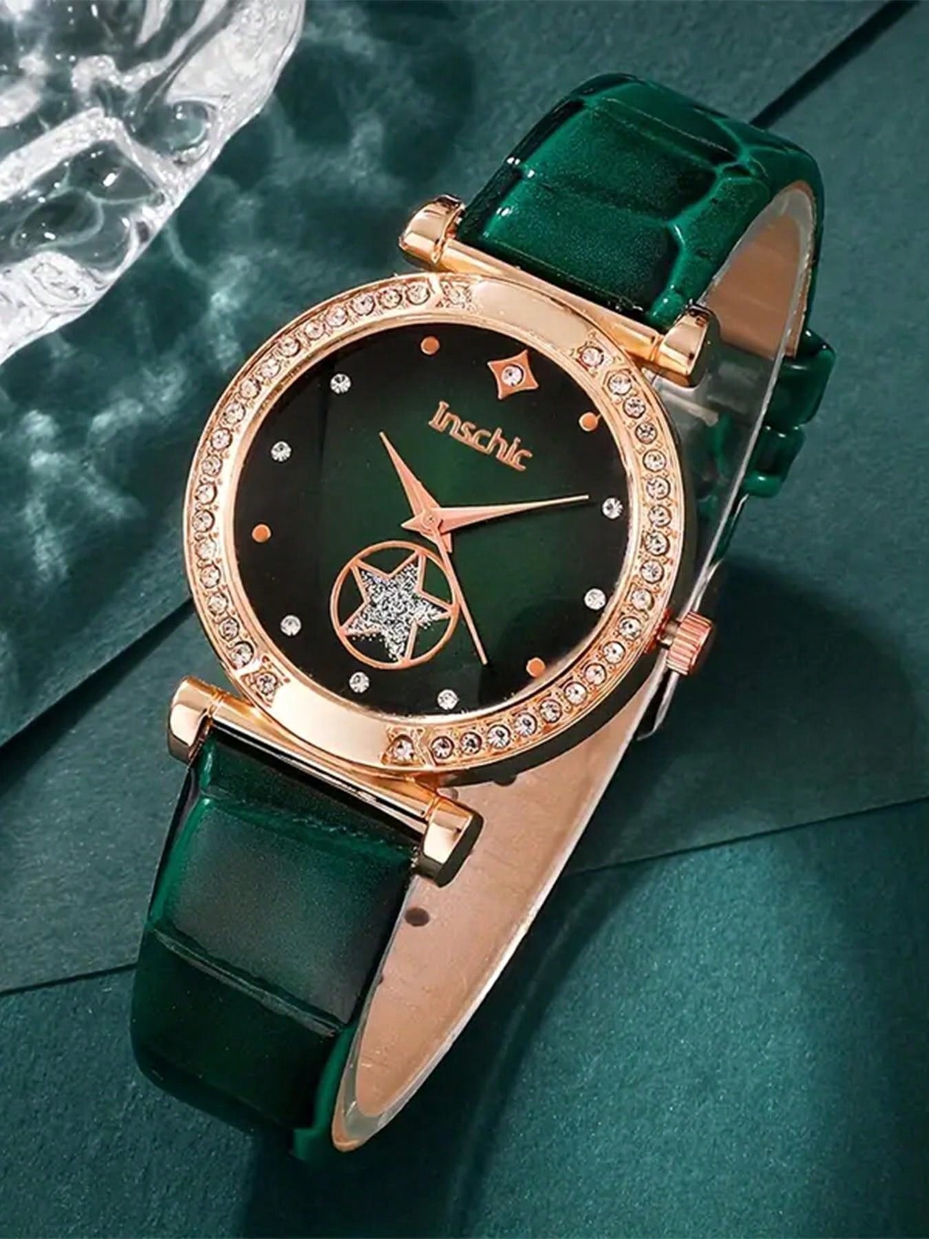 6pcs/set Fashionable Women's Green Dial Simple Scale Rhinestone Jewelry Pu Quartz Bracelet Watch Set