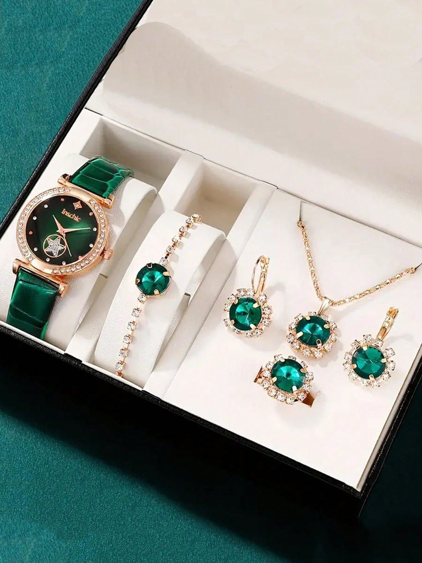 6pcs/set Fashionable Women's Green Dial Simple Scale Rhinestone Jewelry Pu Quartz Bracelet Watch Set