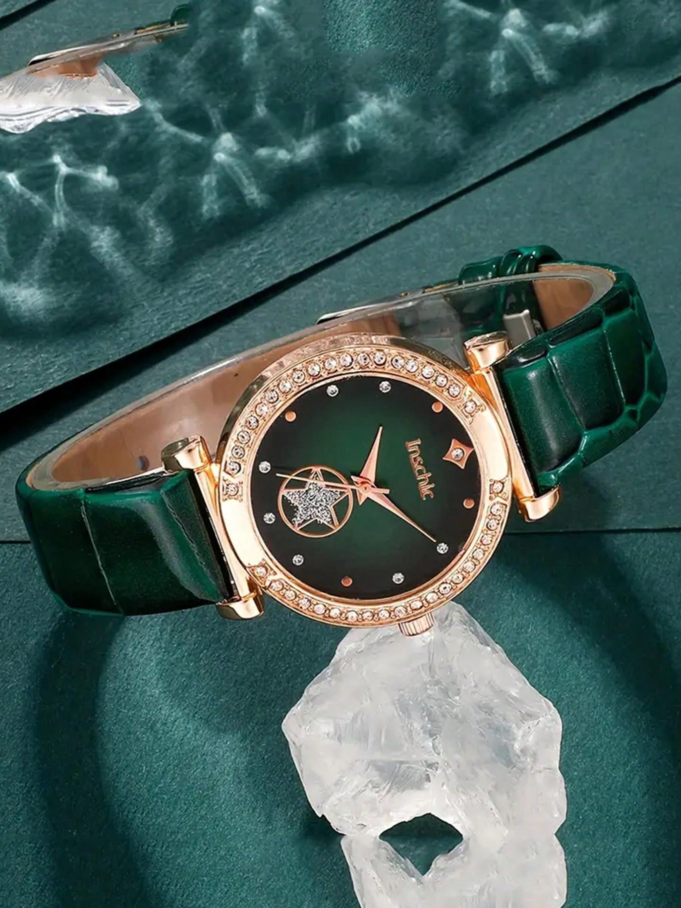 6pcs/set Fashionable Women's Green Dial Simple Scale Rhinestone Jewelry Pu Quartz Bracelet Watch Set