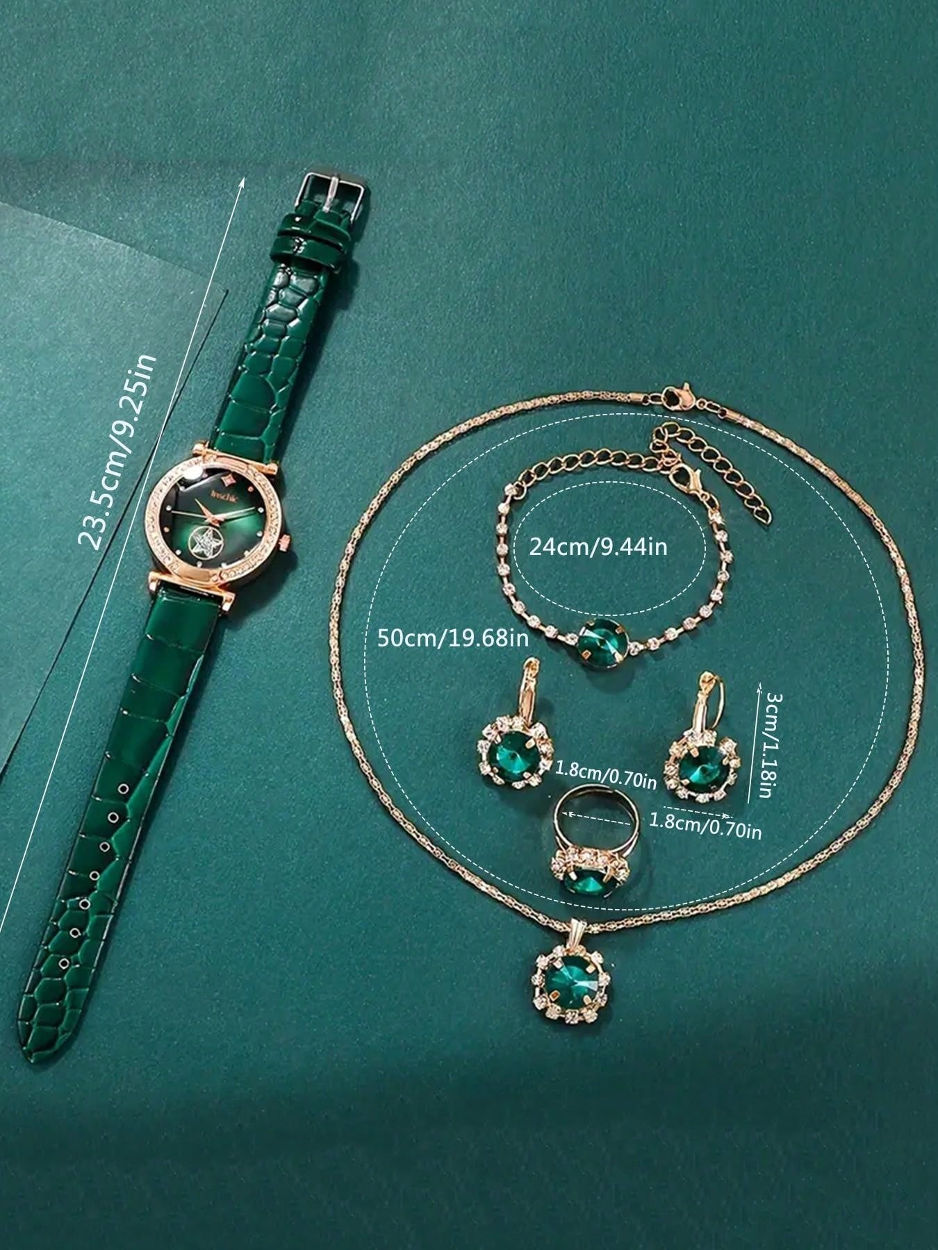 6pcs/set Fashionable Women's Green Dial Simple Scale Rhinestone Jewelry Pu Quartz Bracelet Watch Set