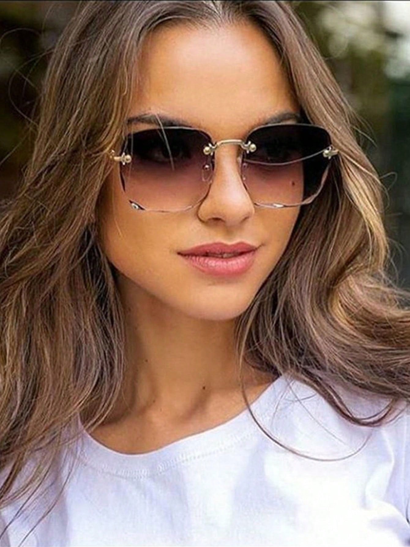 European and American trend large frame square sunglasses with cut edges and frameless sunglasses for women's street photography runway glasses1pc