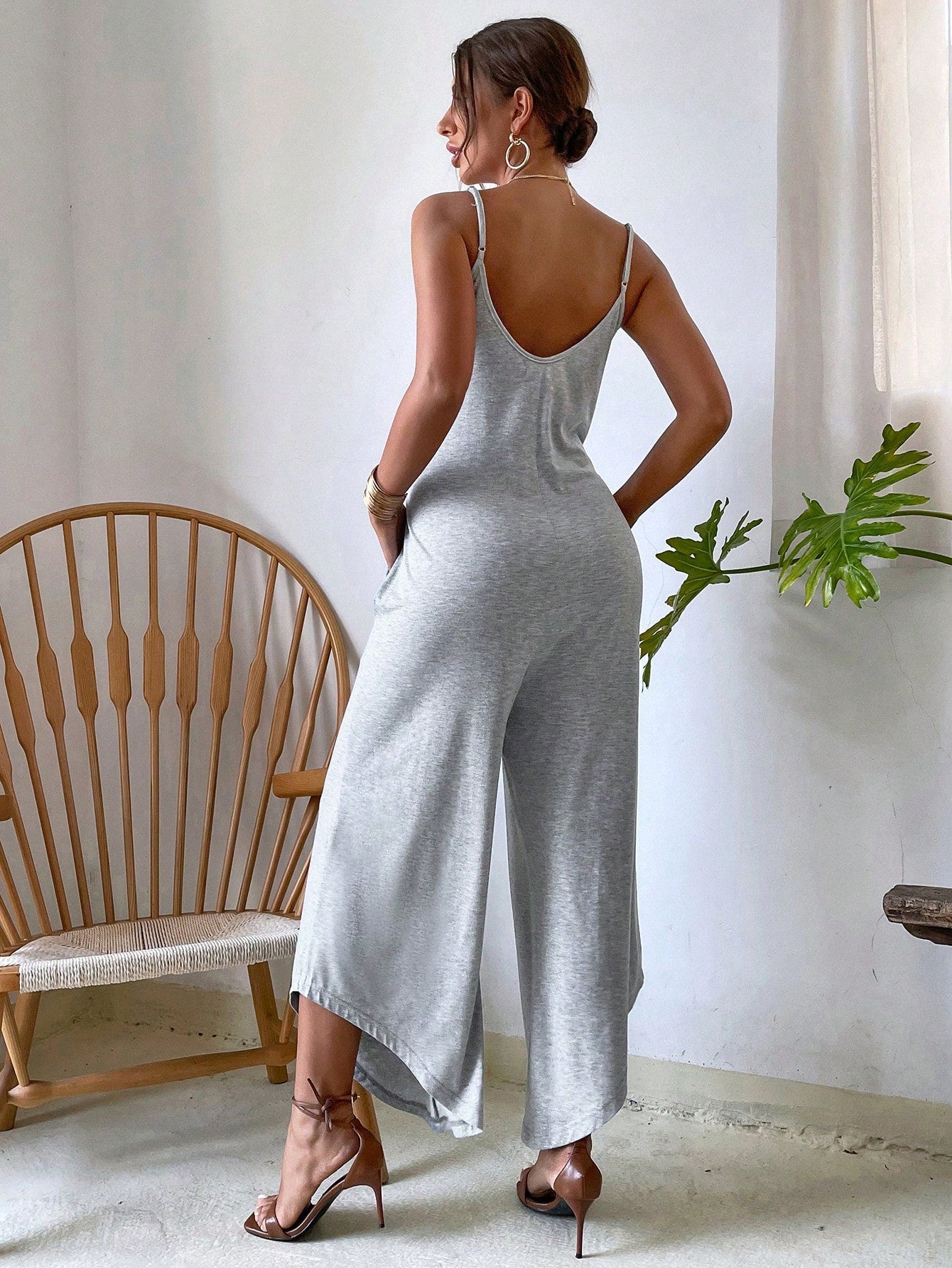 VCAY Striped Print Asymmetrical Hem Cami Jumpsuit