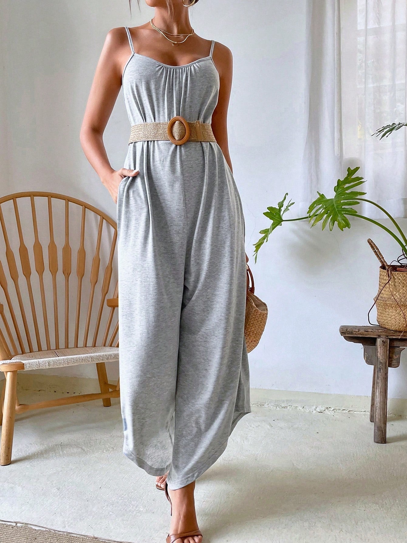 VCAY Solid Wide Leg Cami Jumpsuit