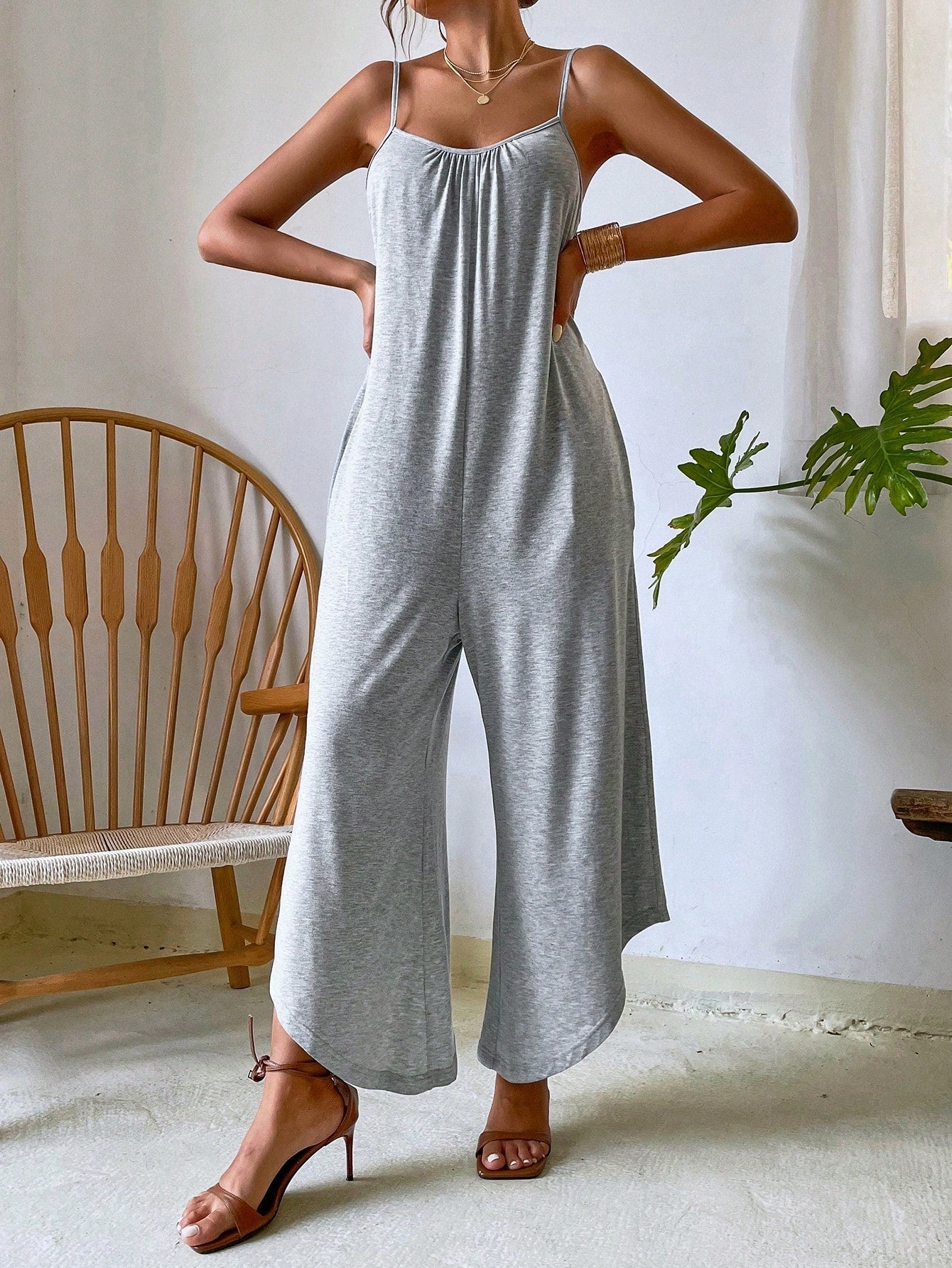 VCAY Striped Print Asymmetrical Hem Cami Jumpsuit