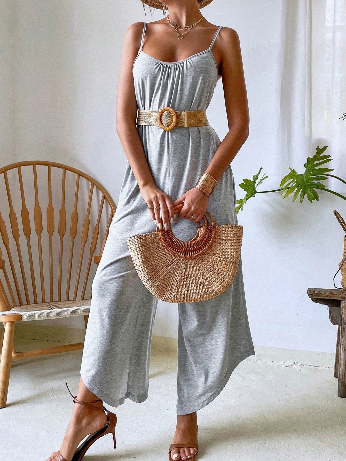 VCAY Solid Wide Leg Cami Jumpsuit