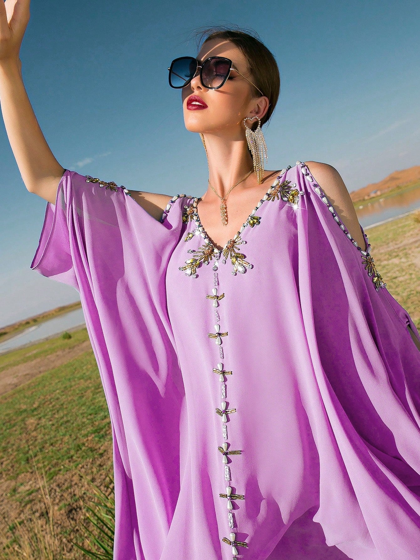 Najma Rhinestone Beaded Cold Shoulder Dolman Sleeve Belted Kaftan