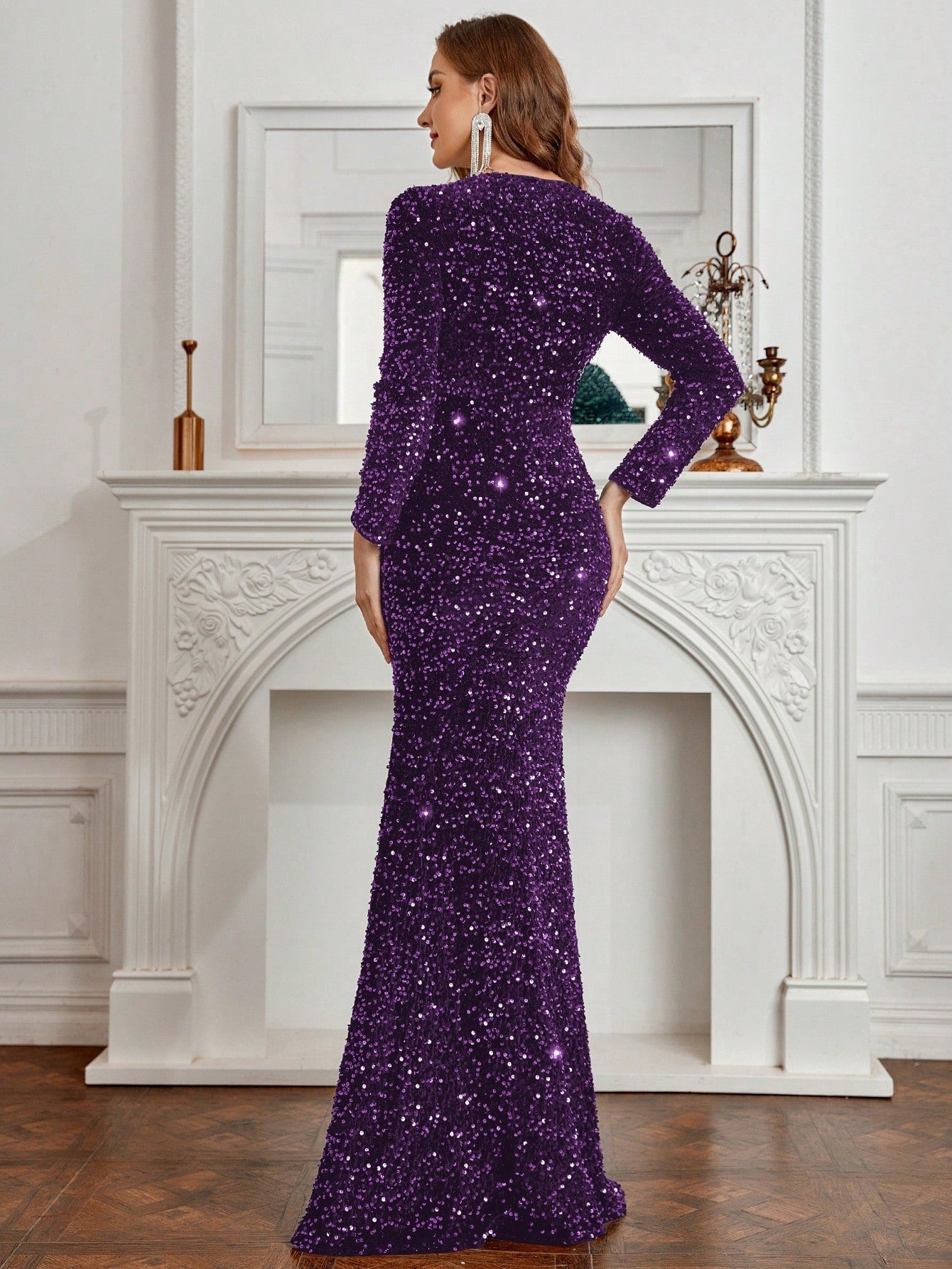 Mesh Insert Sequin Formal Dress